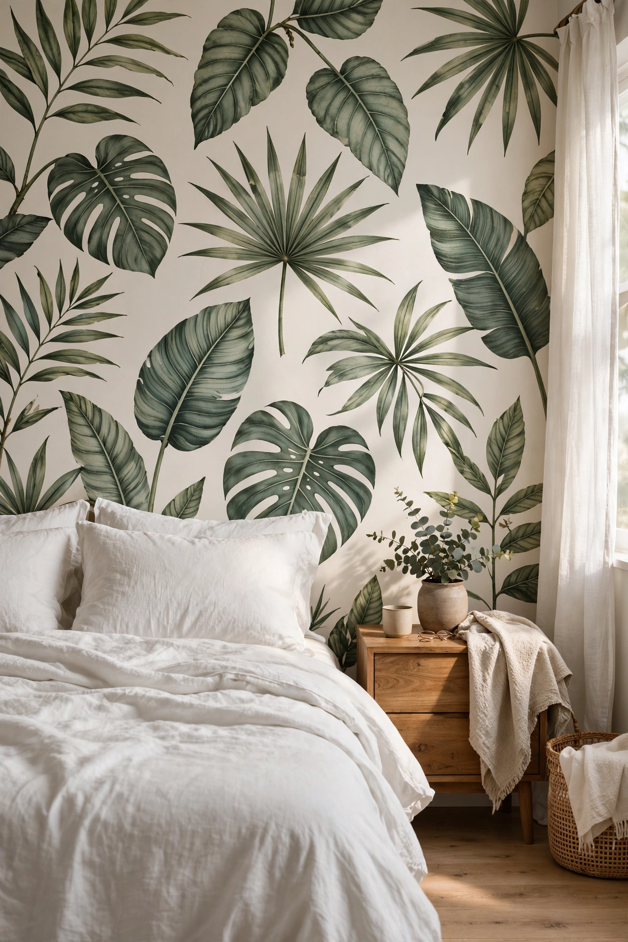 Bedroom accent wall with botanical peel-and-stick wallpaper behind a bed