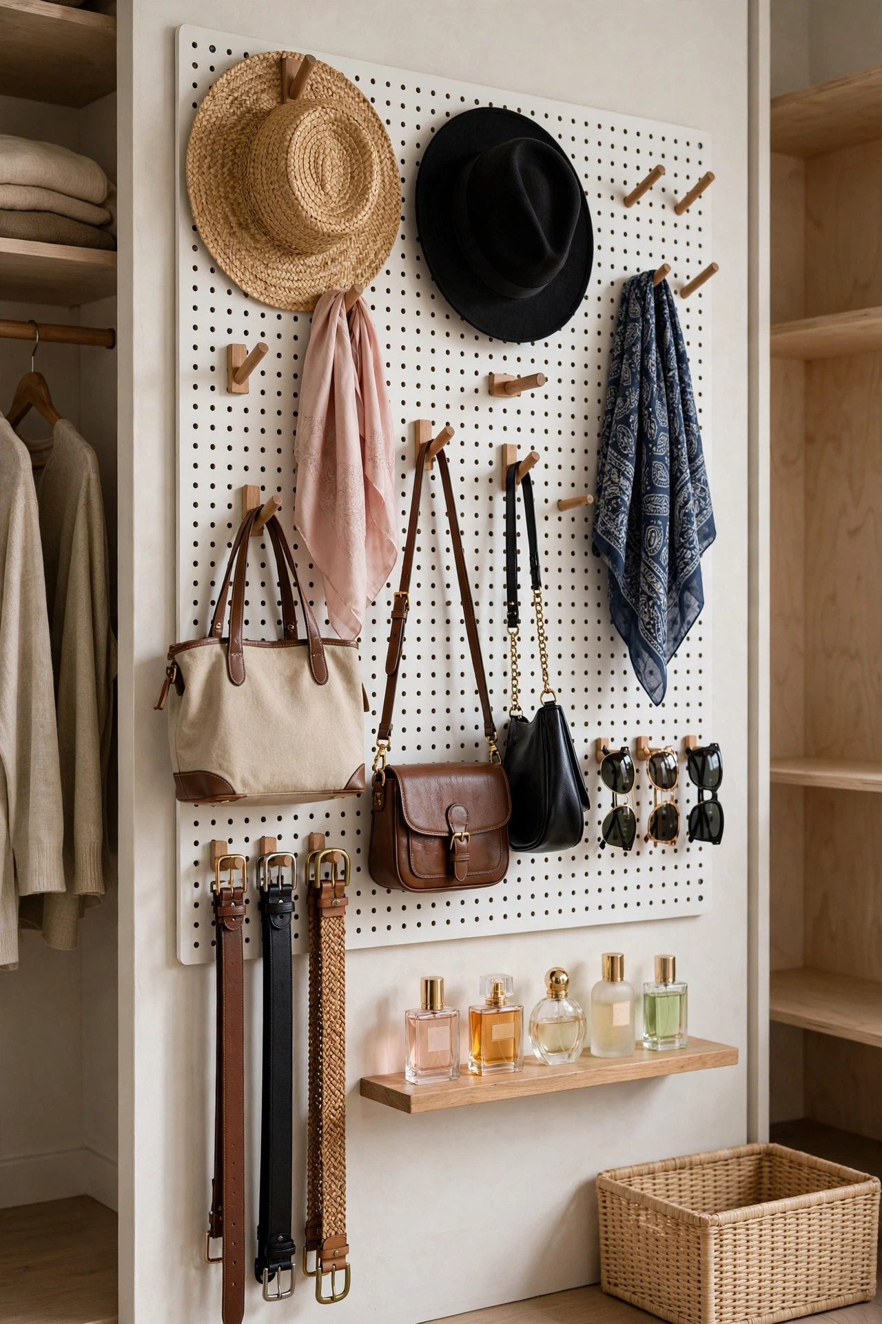 White pegboard wall with hooks holding handbags, hats, scarves and sunglasses