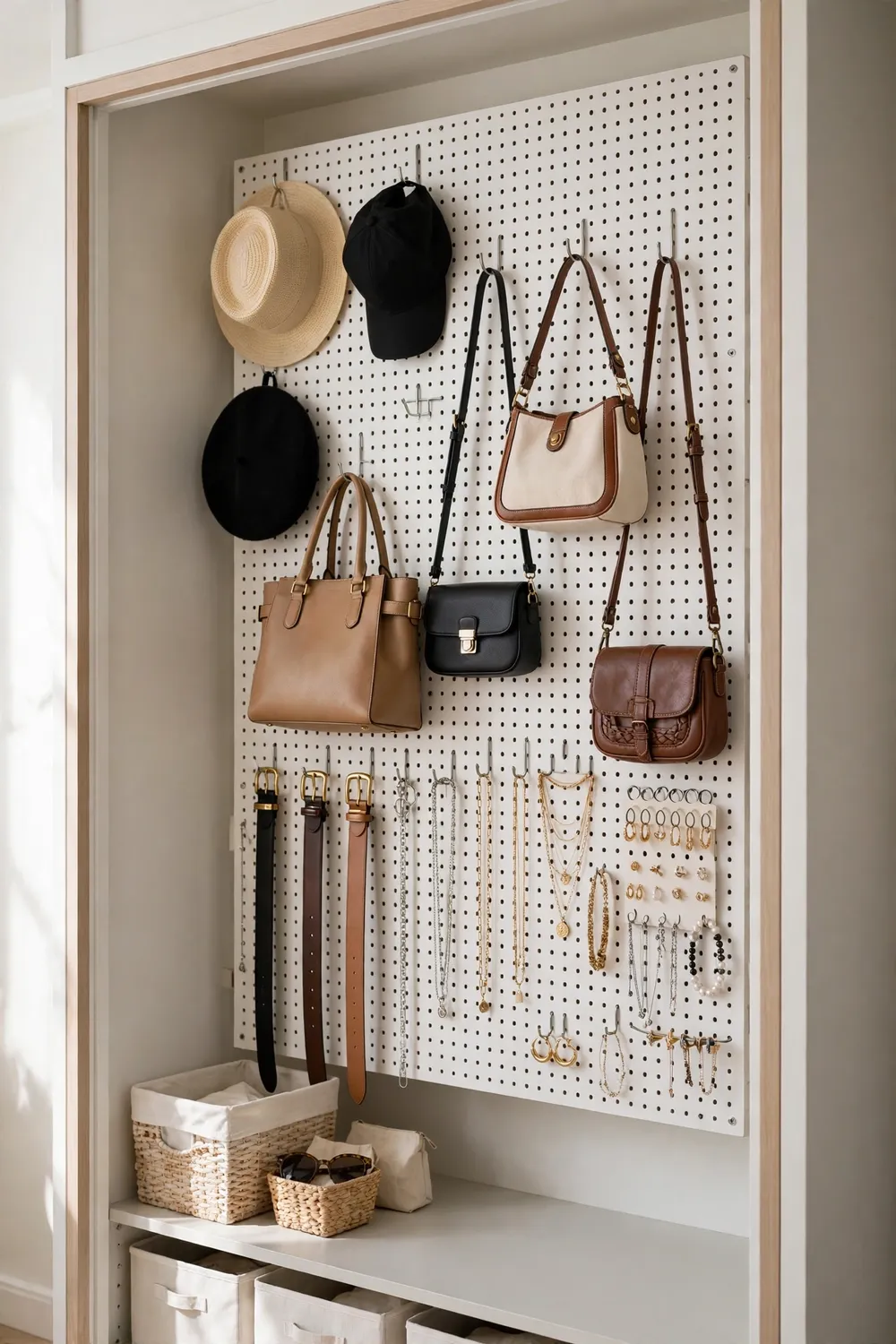Pegboard panel on a closet back wall holding hooks baskets and accessories