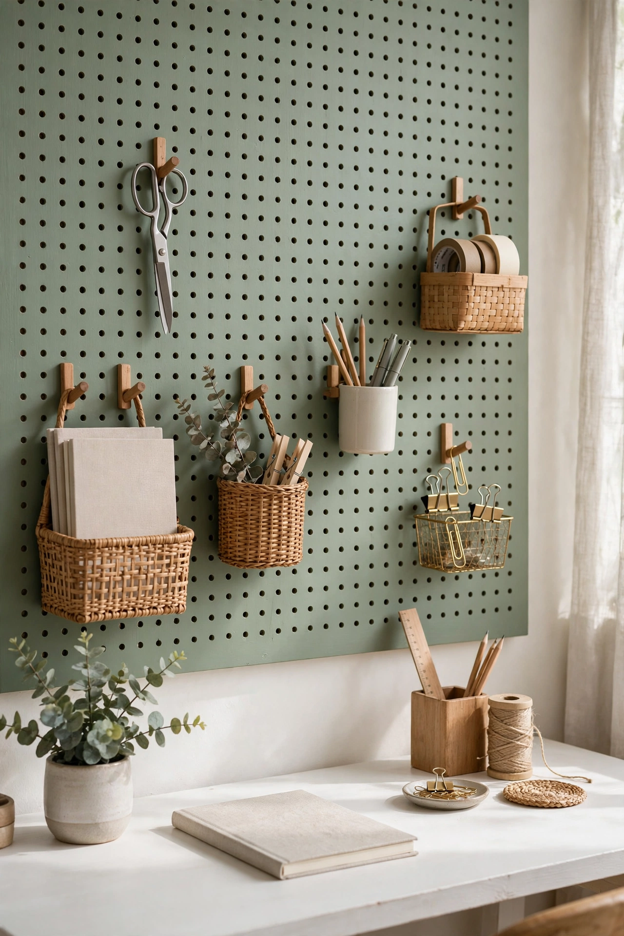 Pegboard wall in a home office holding supplies tools and small baskets on hooks