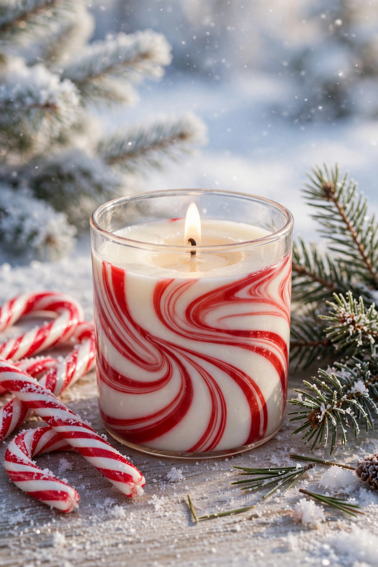 Peppermint scented candle in a white and red swirled jar with candy canes