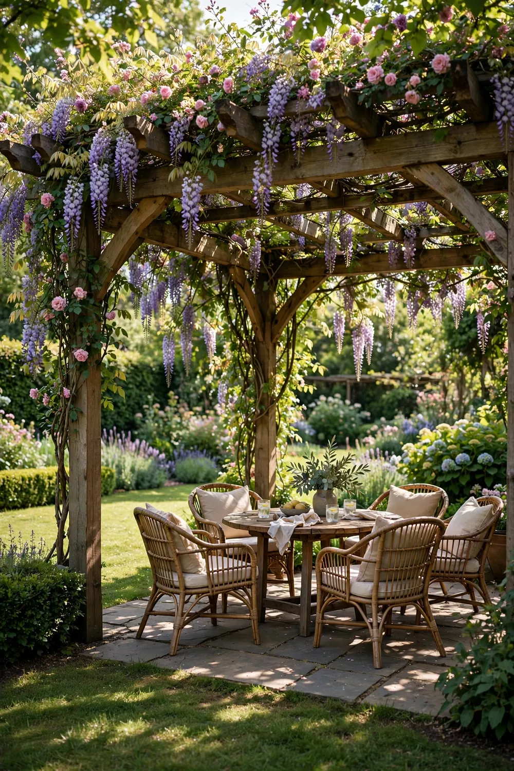 Wooden pergola draped in flowering vines shading a patio seating area on a green lawn