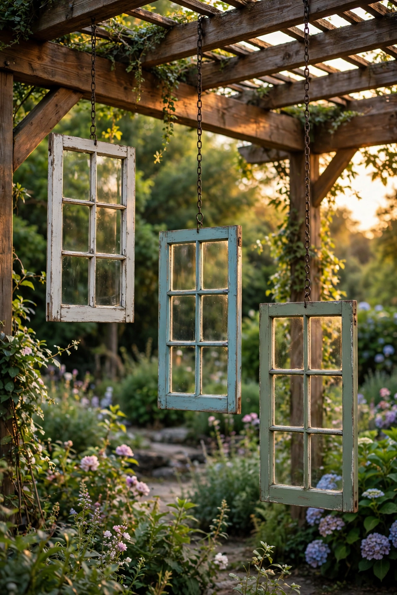 Old windows of different colors hanging from the rafters of a garden pergola