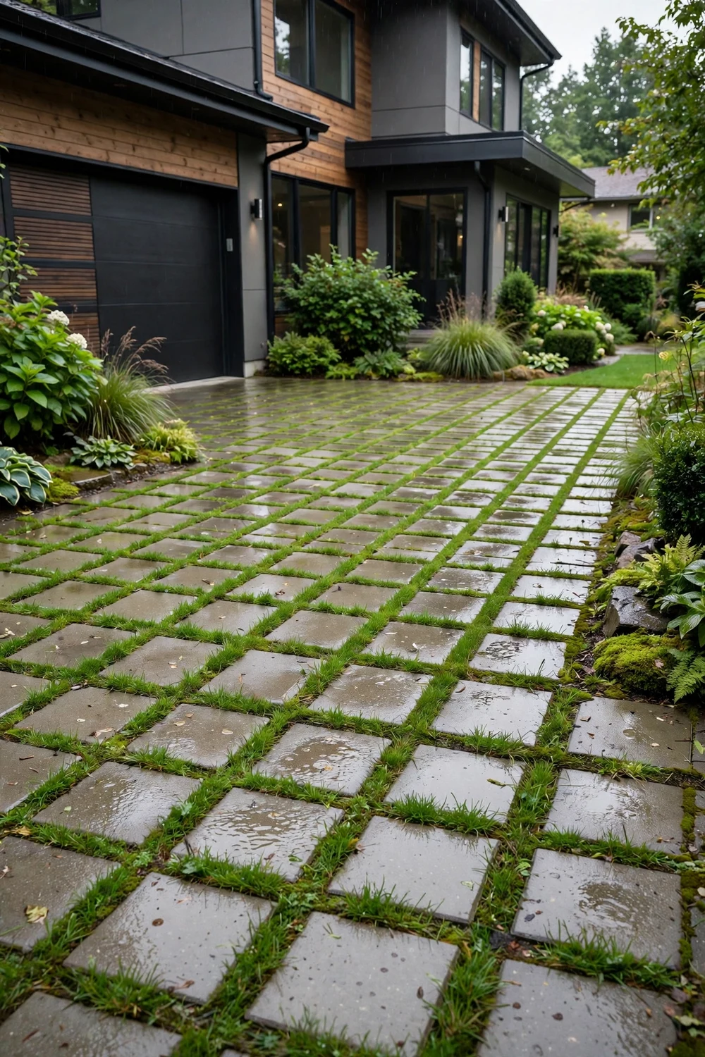 Eco-friendly permeable concrete paver driveway with grass growing in the joints