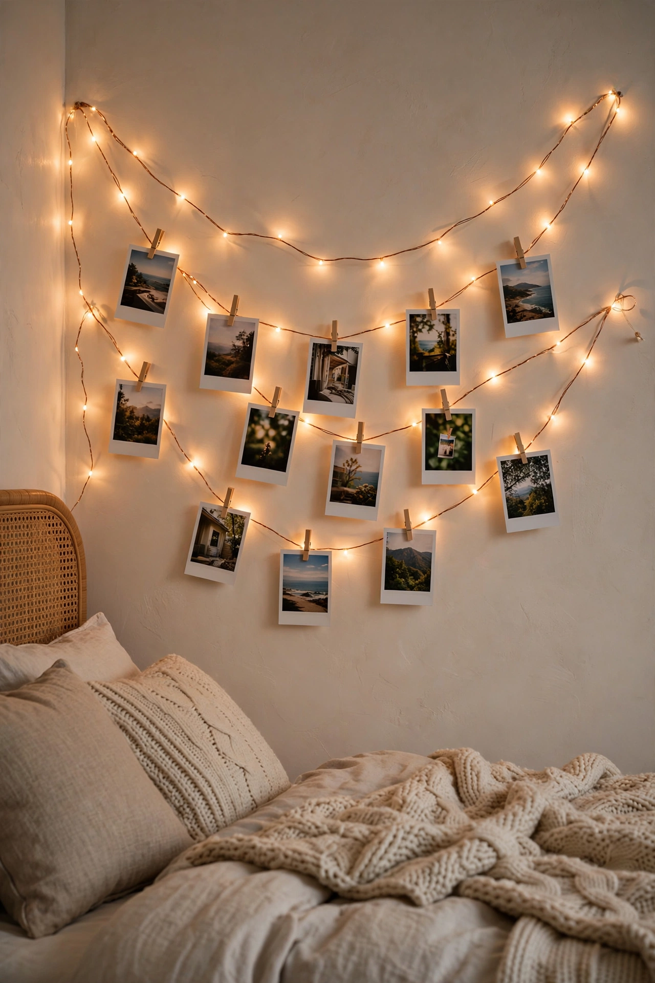 Bedroom wall with string lights and clipped polaroid photos creating a warm photo display