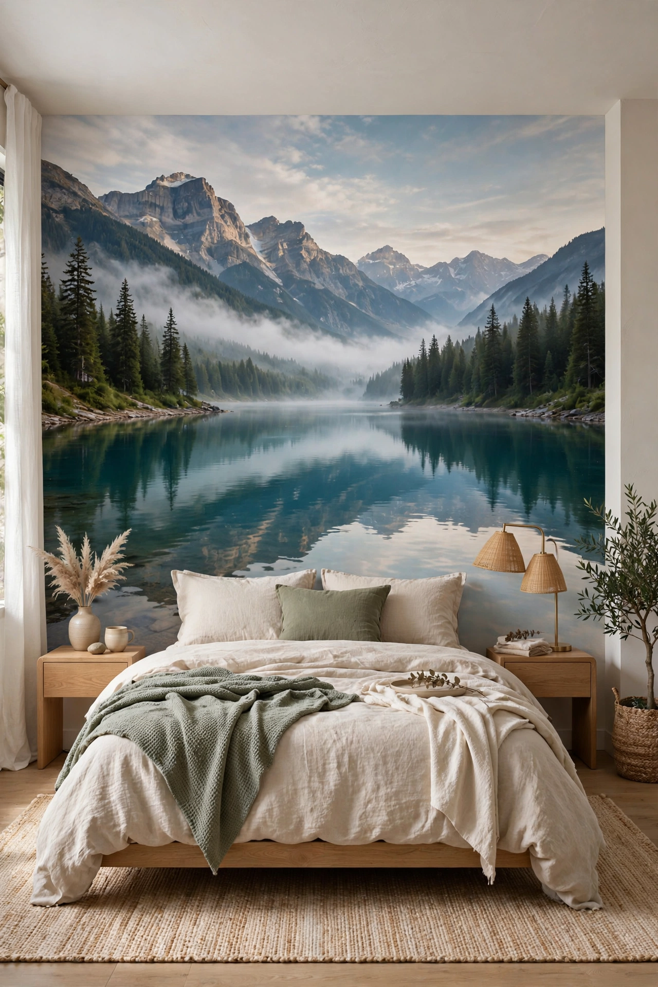 Modern bedroom with Photowall custom mountain lake panorama peel-and-stick photo mural