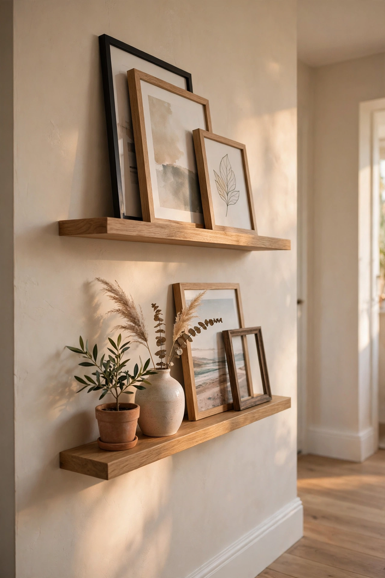 Wooden picture ledge shelves with layered frames and small art pieces in a hallway