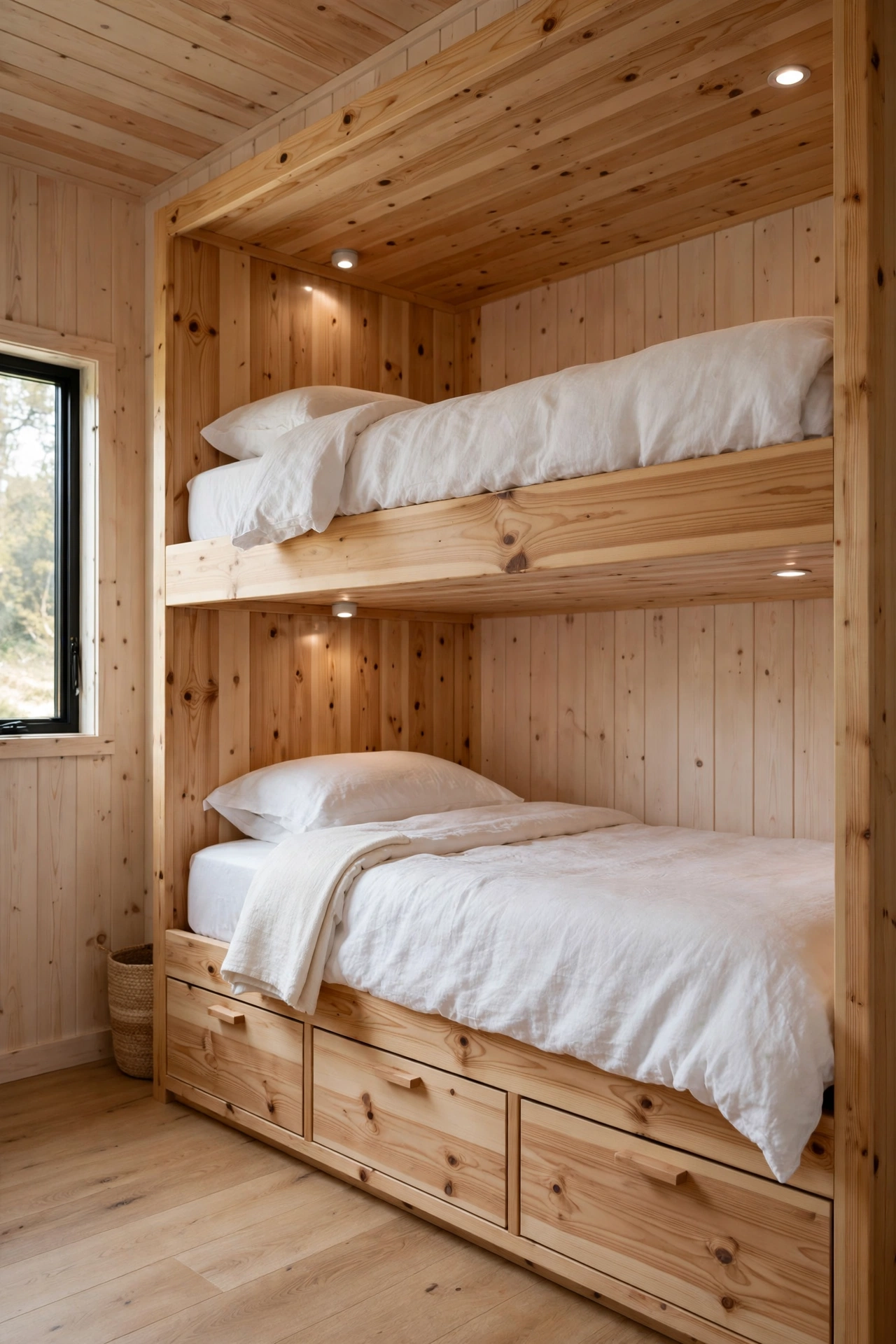 Built-in pine bunk beds with storage drawers in a modern cabin bunk room