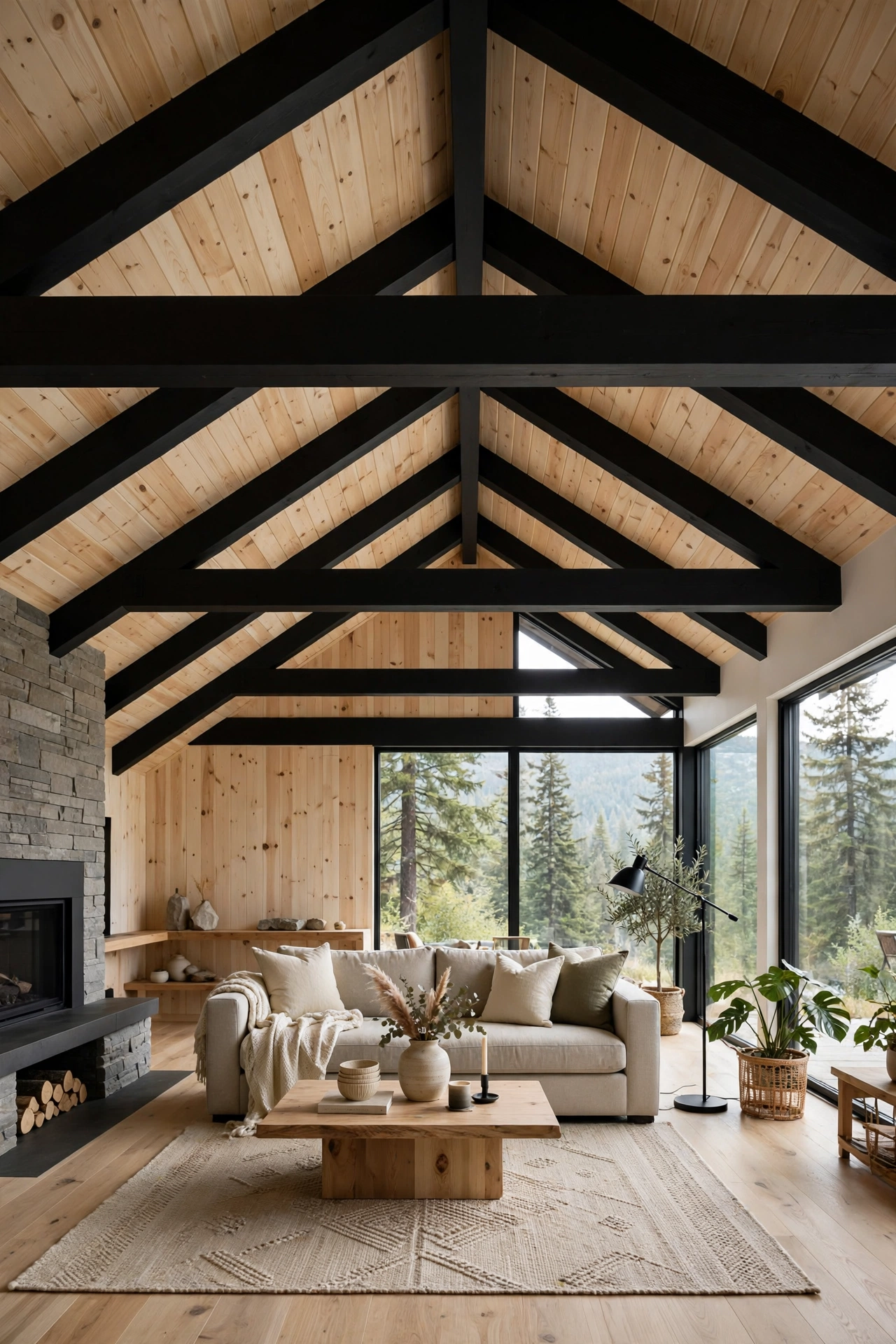 Vaulted pine ceiling with matte black beams in a modern cabin great room