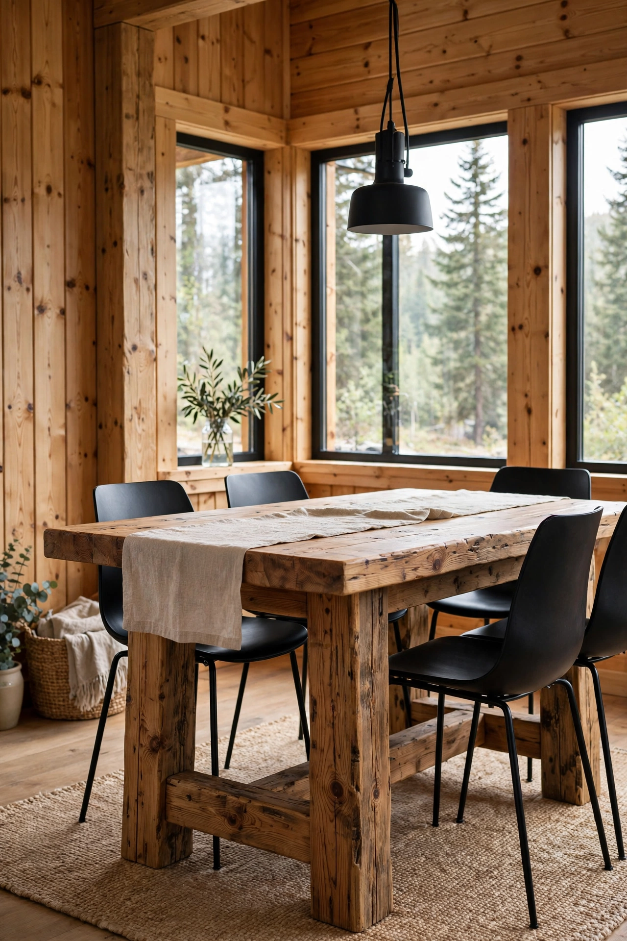 Solid pine dining table paired with modern black dining chairs in a cabin