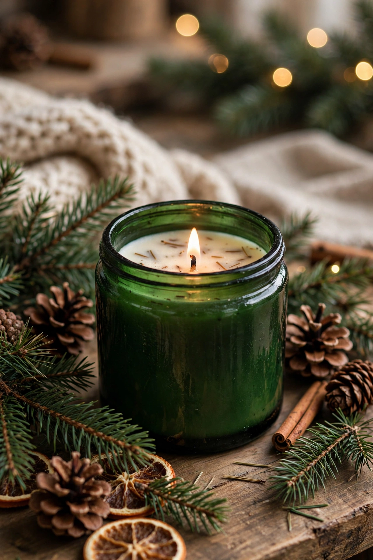 Homemade pine forest scented candle in a deep green jar with pine branches