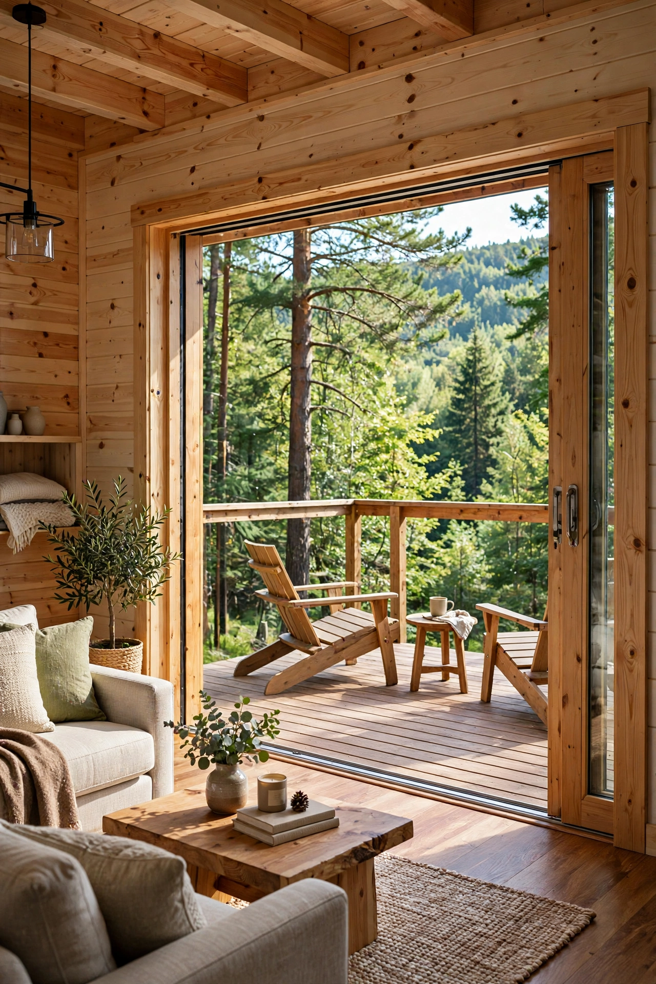 Pine-framed sliding glass doors opening from a cabin living room to a wooden deck
