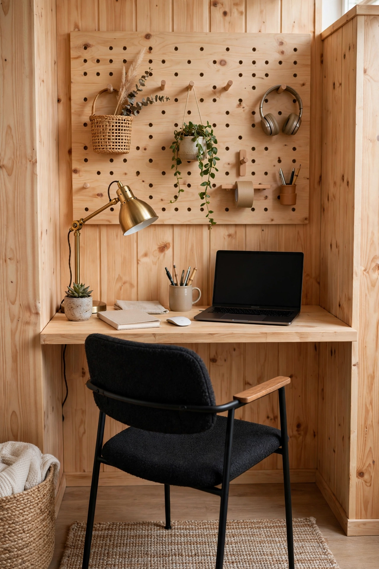 Small home office nook with pine wood walls, floating desk, and modern chair