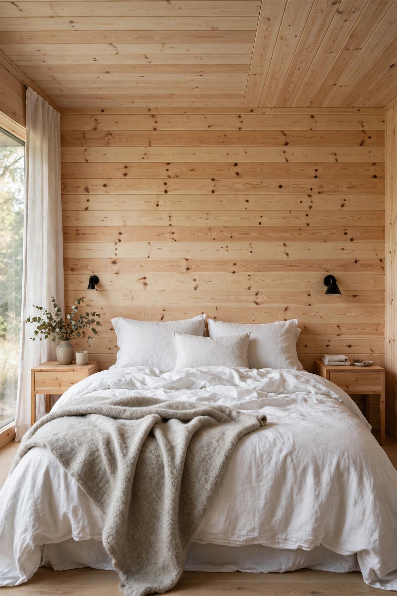 Serene primary bedroom with pine walls and ceiling, linen bedding, and soft light