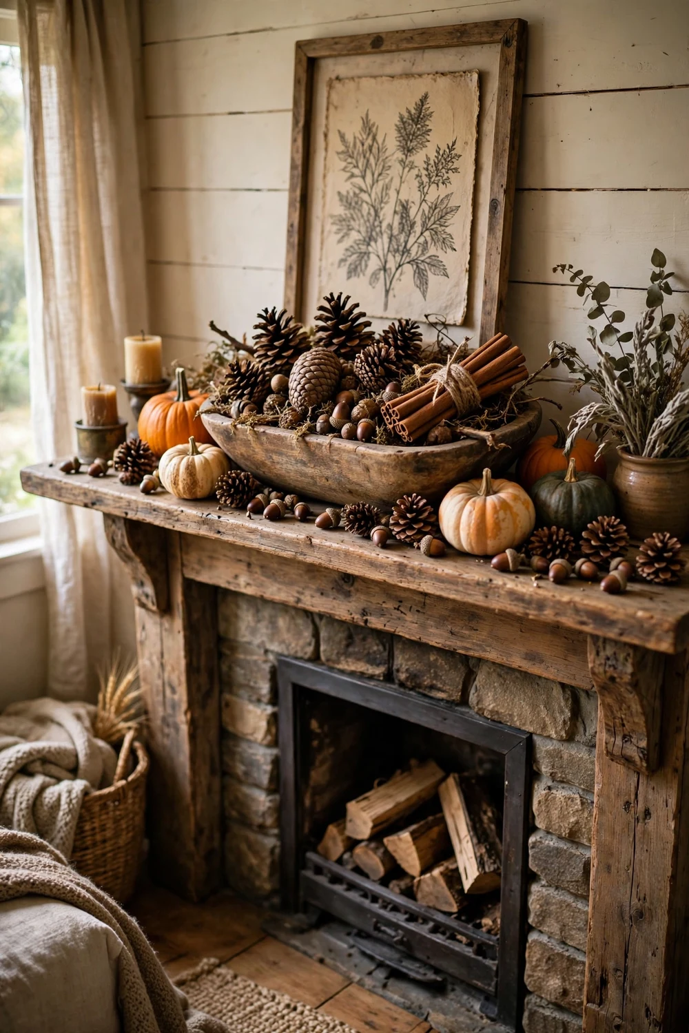 Fall mantel with scattered pinecones acorns and cinnamon sticks between pumpkins