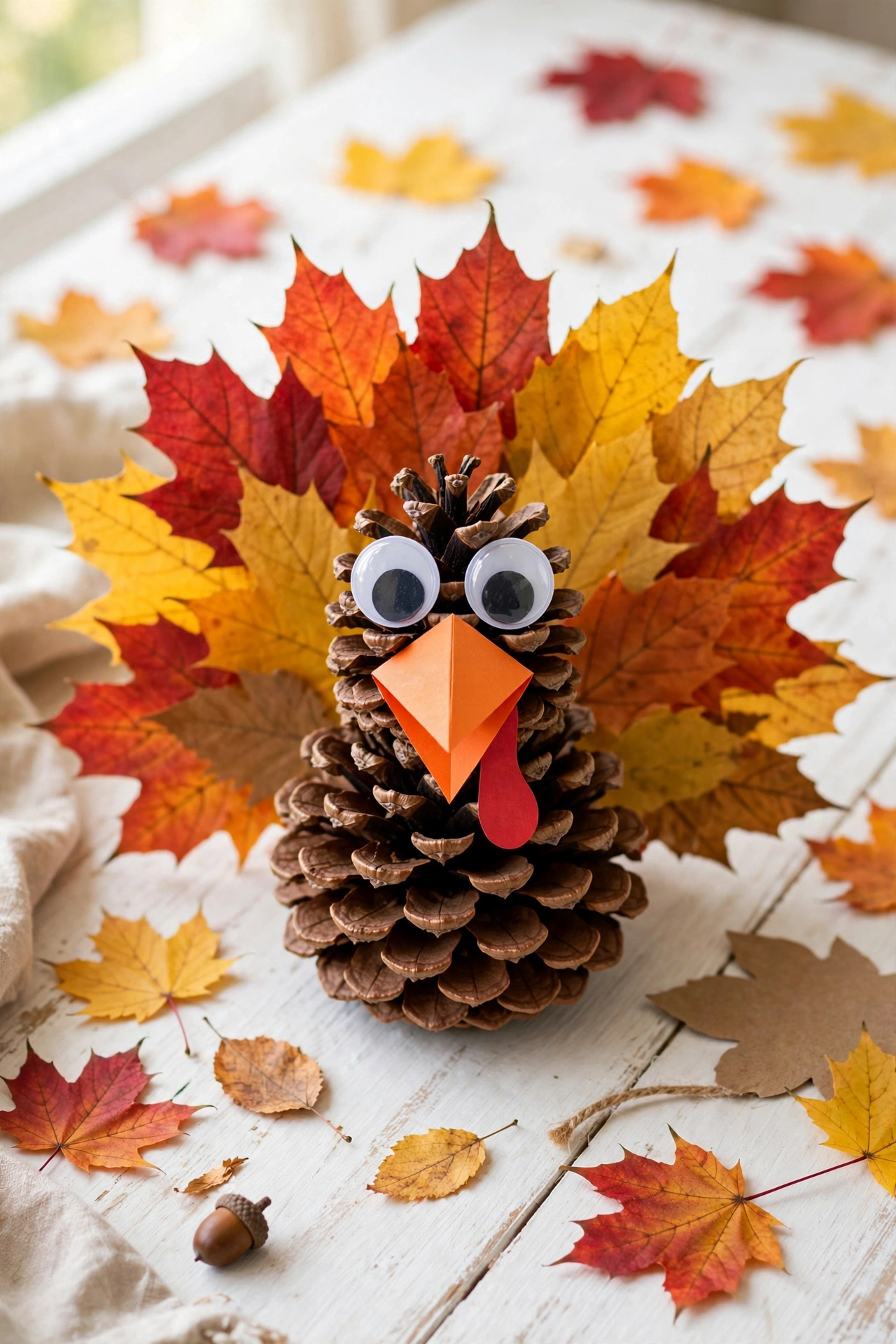 Thanksgiving turkey craft made from a pinecone body with colorful leaf tail feathers