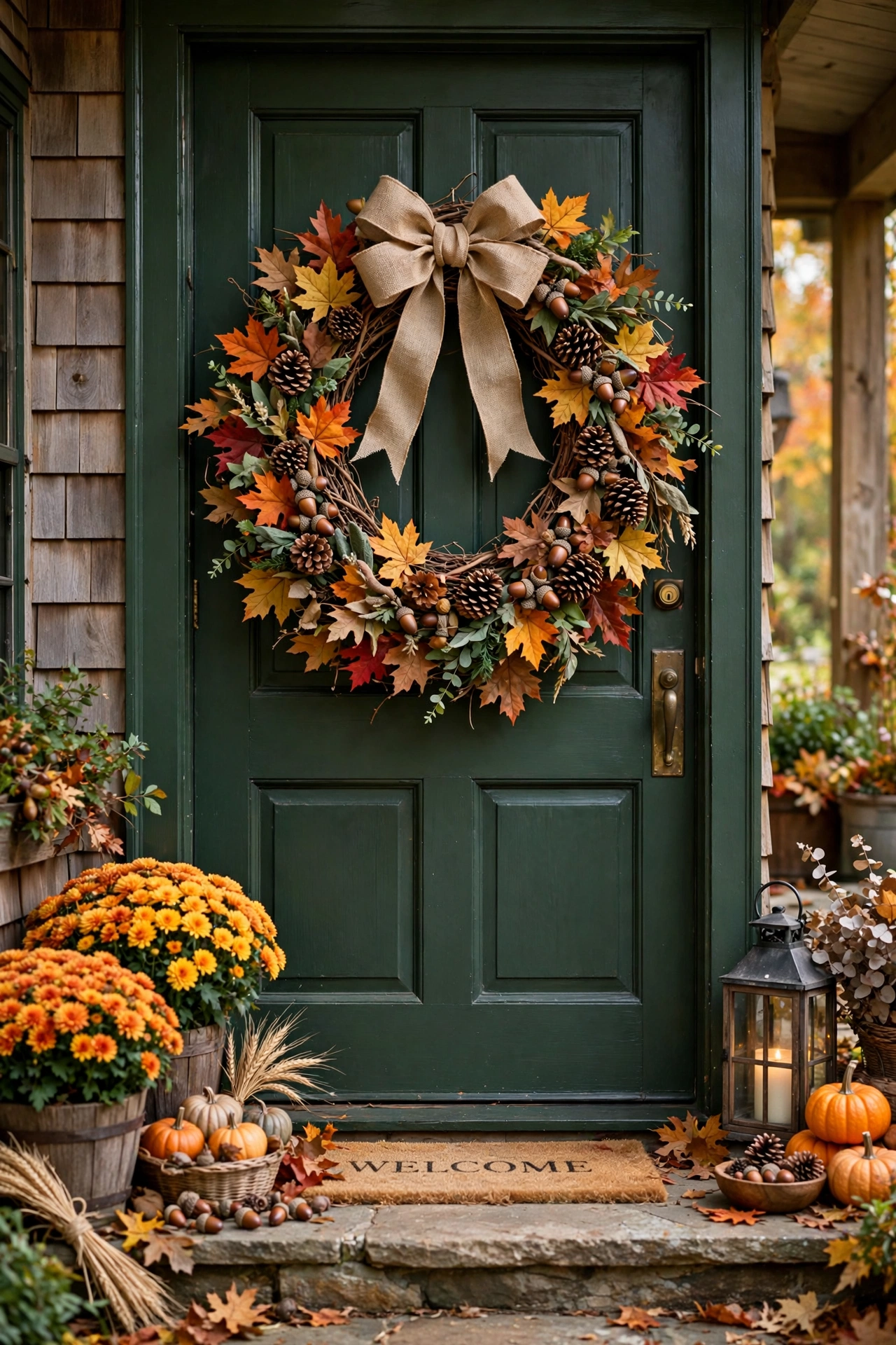 Grapevine wreath decorated with fall leaves pinecones and acorns hanging on a front door