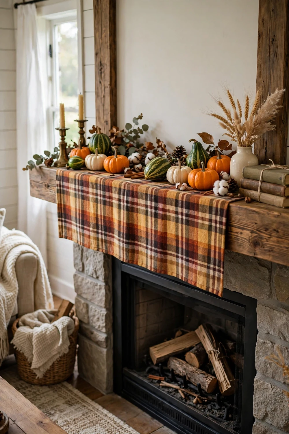 Fall mantel with plaid runner and scattered mini pumpkins in orange white and green