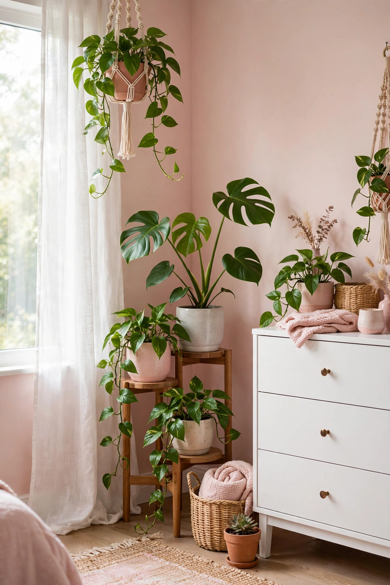 Bright teen bedroom corner with potted monstera and pothos plants in ceramic pots