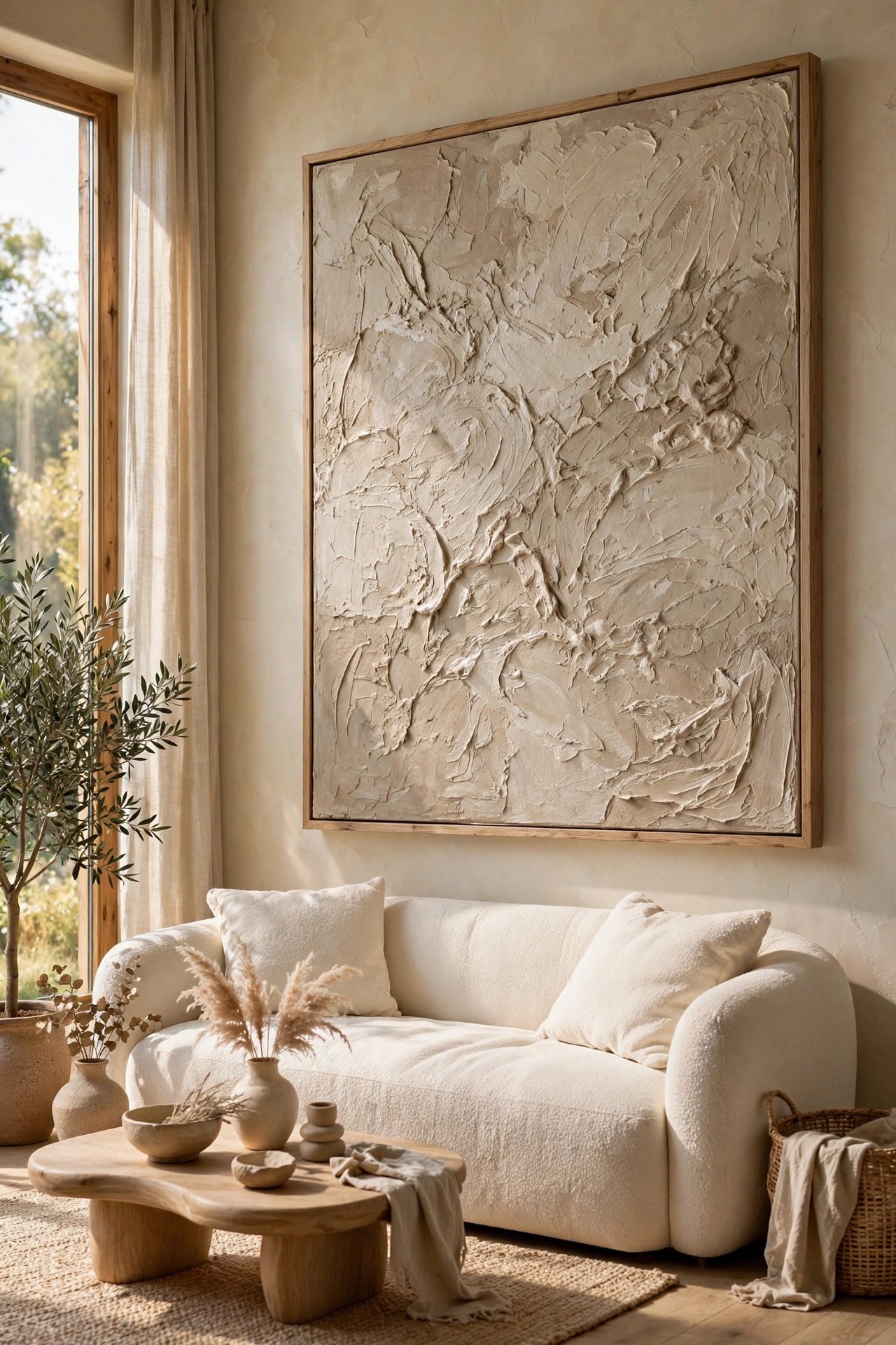Large textured neutral abstract painting above a sofa in an organic modern living room
