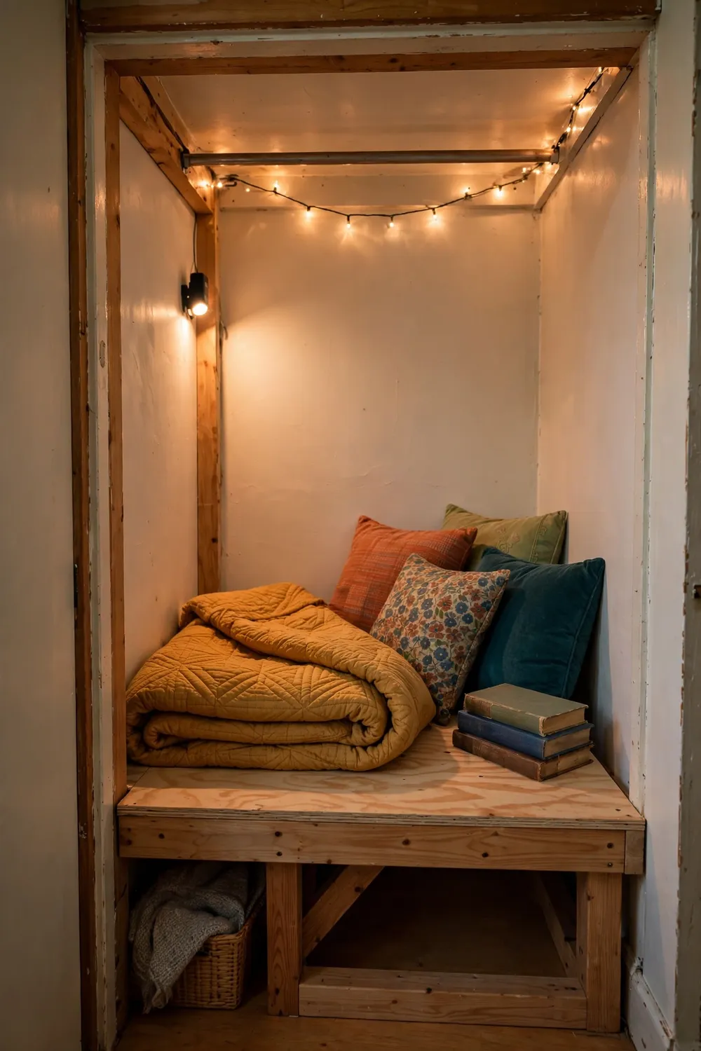 Cozy reading loft platform built inside a small closet with cushions and books