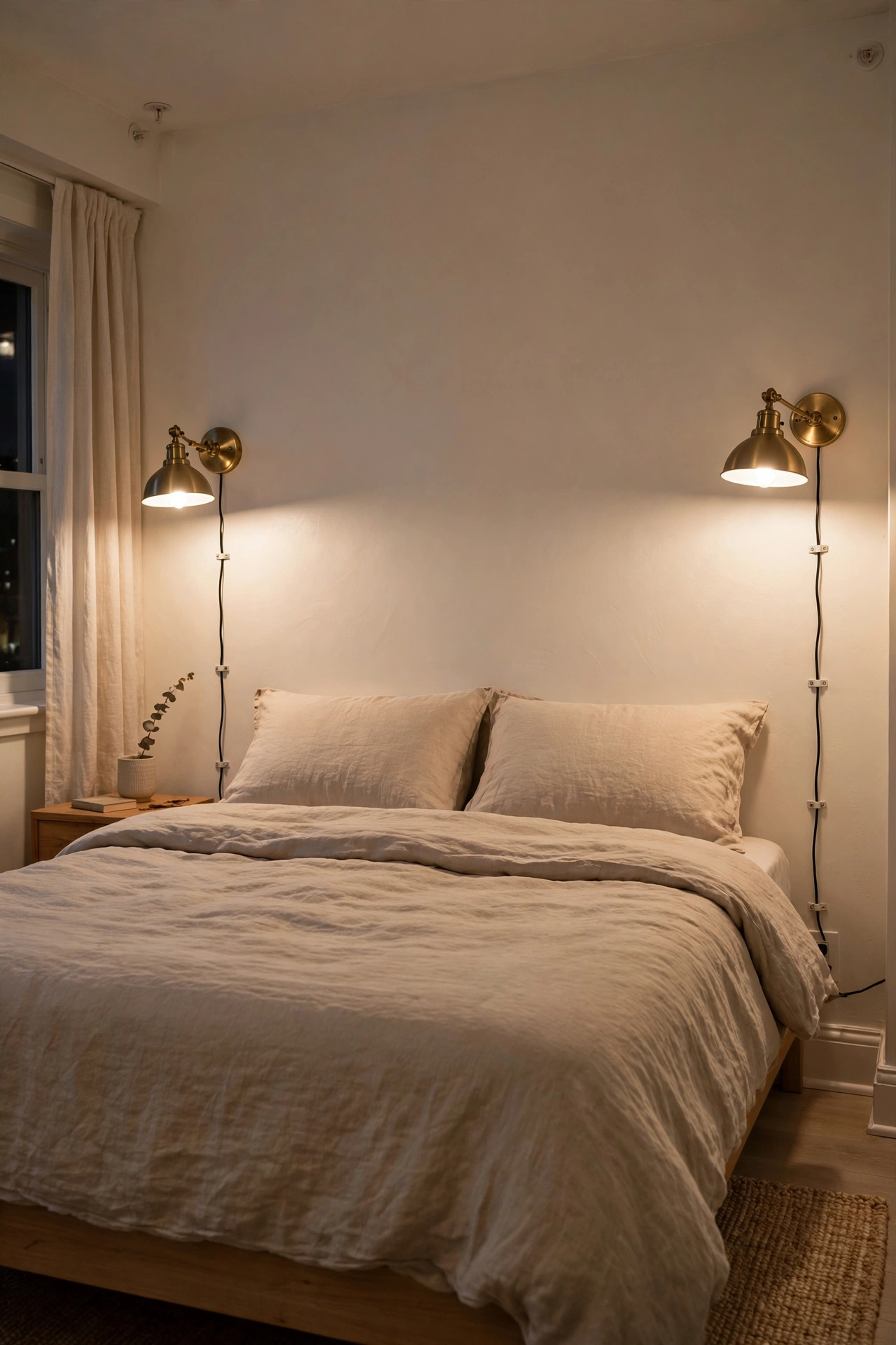 Rental bedroom with brass plug-in wall sconces glowing beside a bed