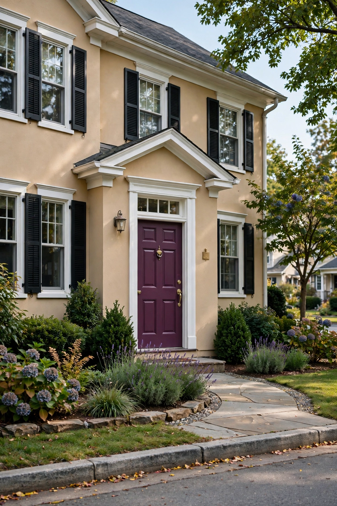 Warm beige traditional house with a rich plum purple front door and white trim