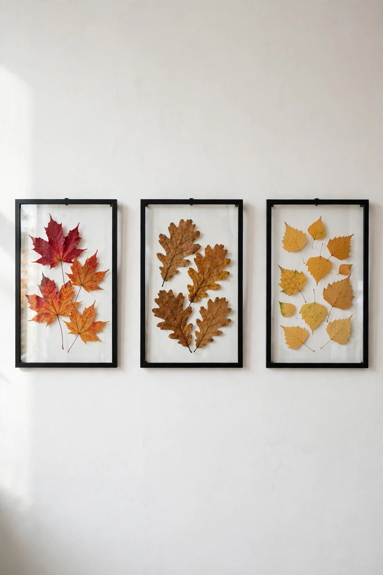 Pressed autumn leaves floating between glass panes in black frames on a white wall
