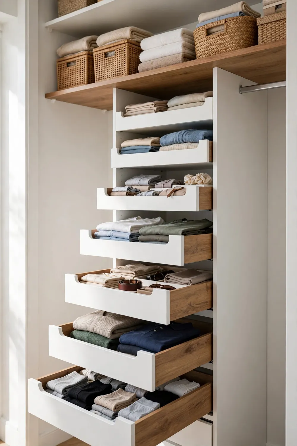 Pull-out drawer tower unit inside a tall closet loft space