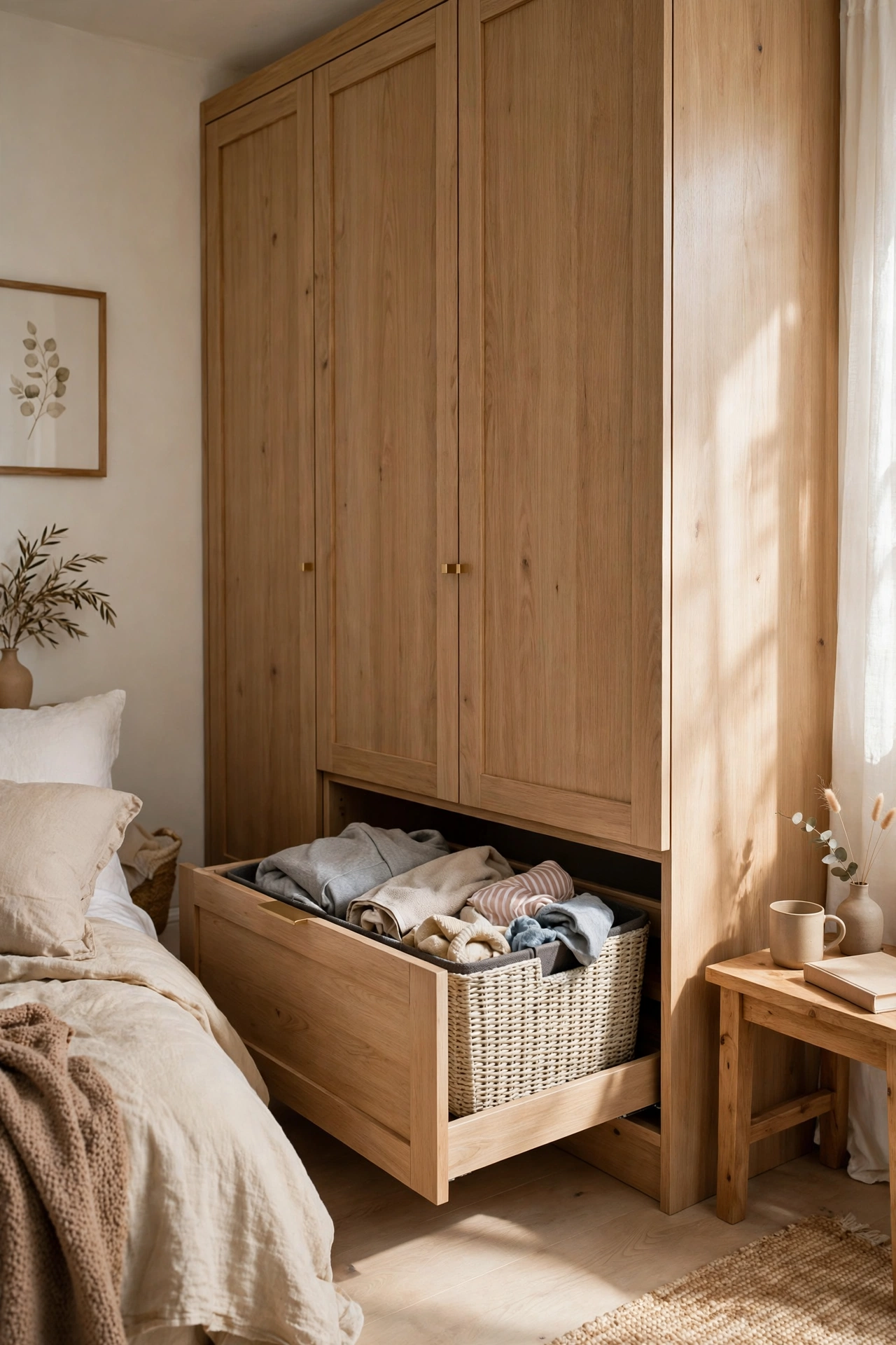 Fitted wardrobe with a pull-out laundry hamper drawer open