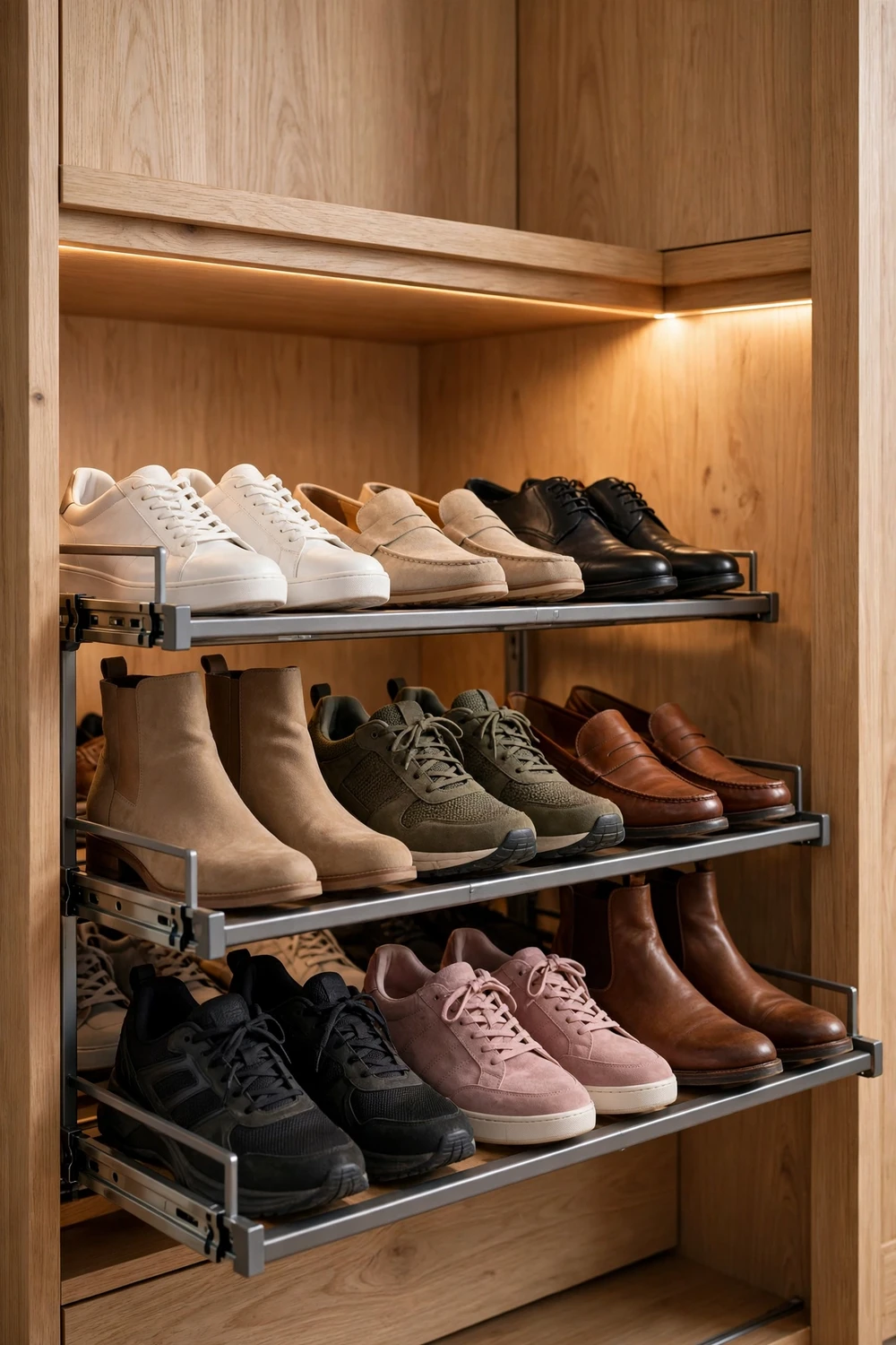 Open fitted wardrobe with pull-out shoe racks full of shoes in warm light