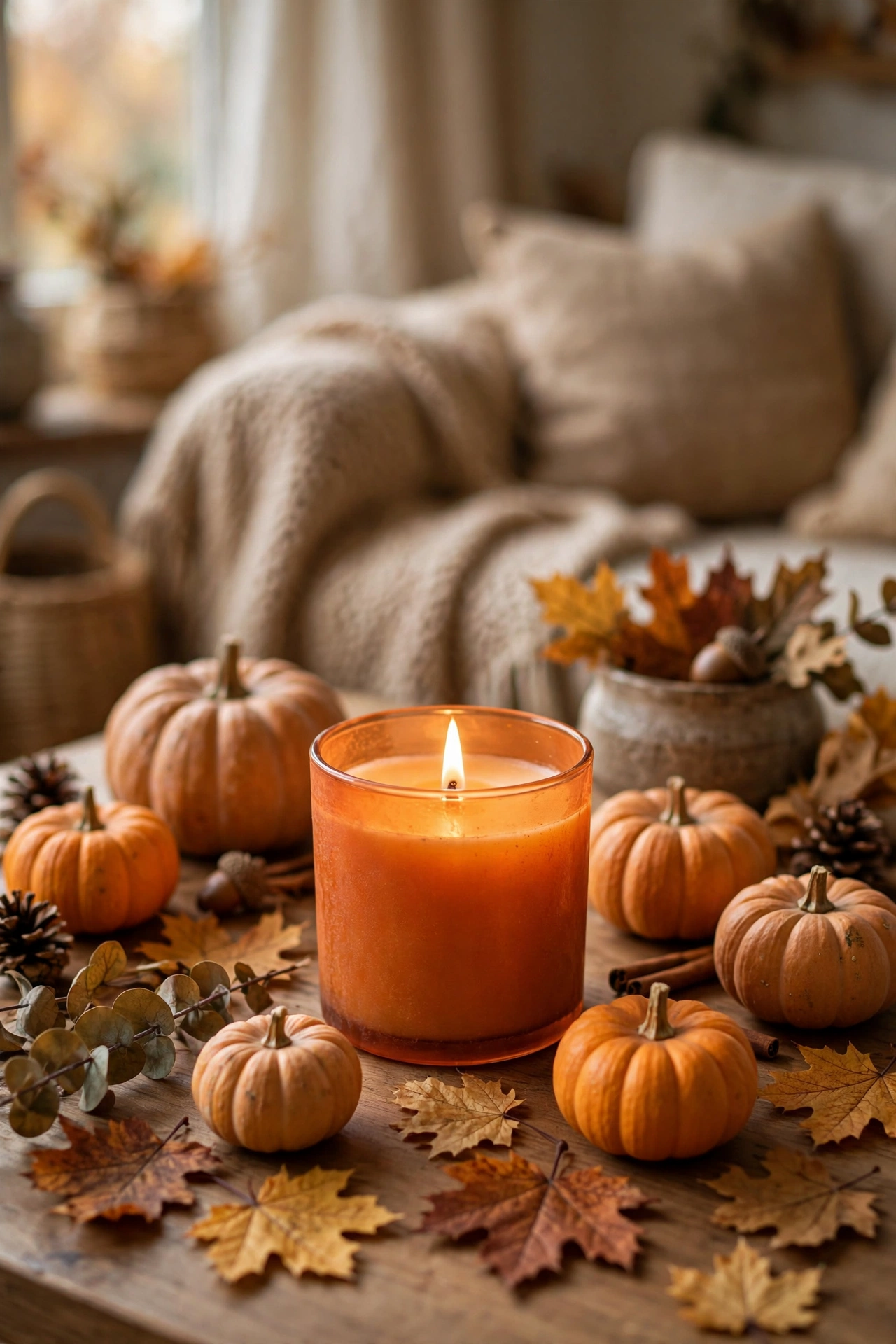 Pumpkin spice scented candle in an orange jar with mini pumpkins and fall leaves