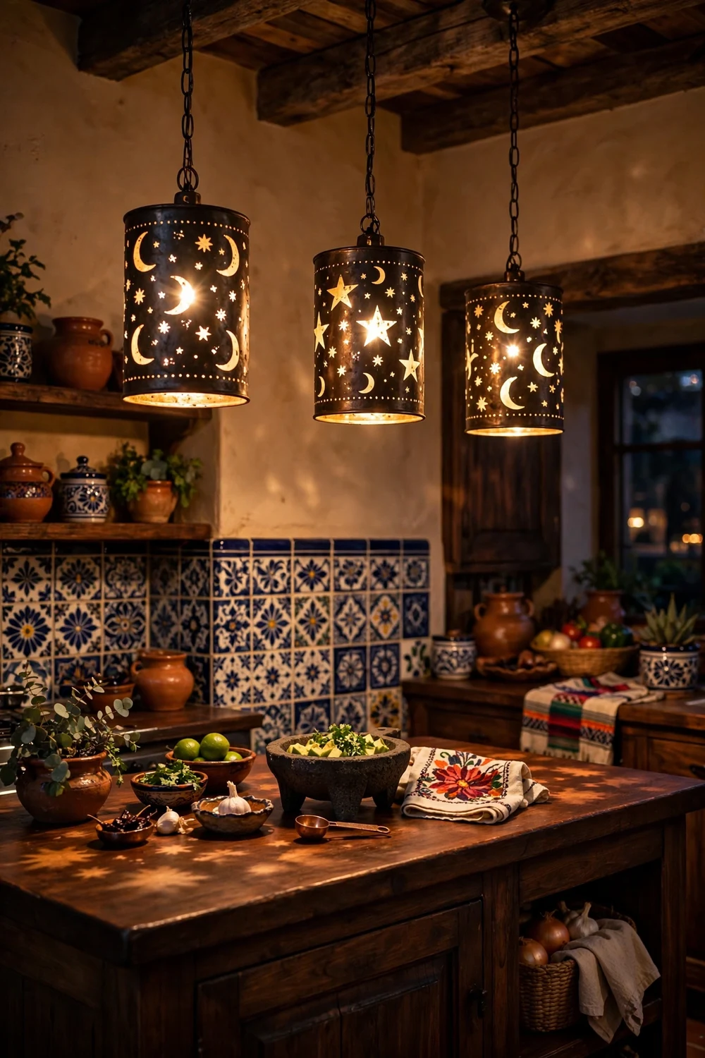 Punched tin star-pattern pendant lights glowing in a Mexican kitchen