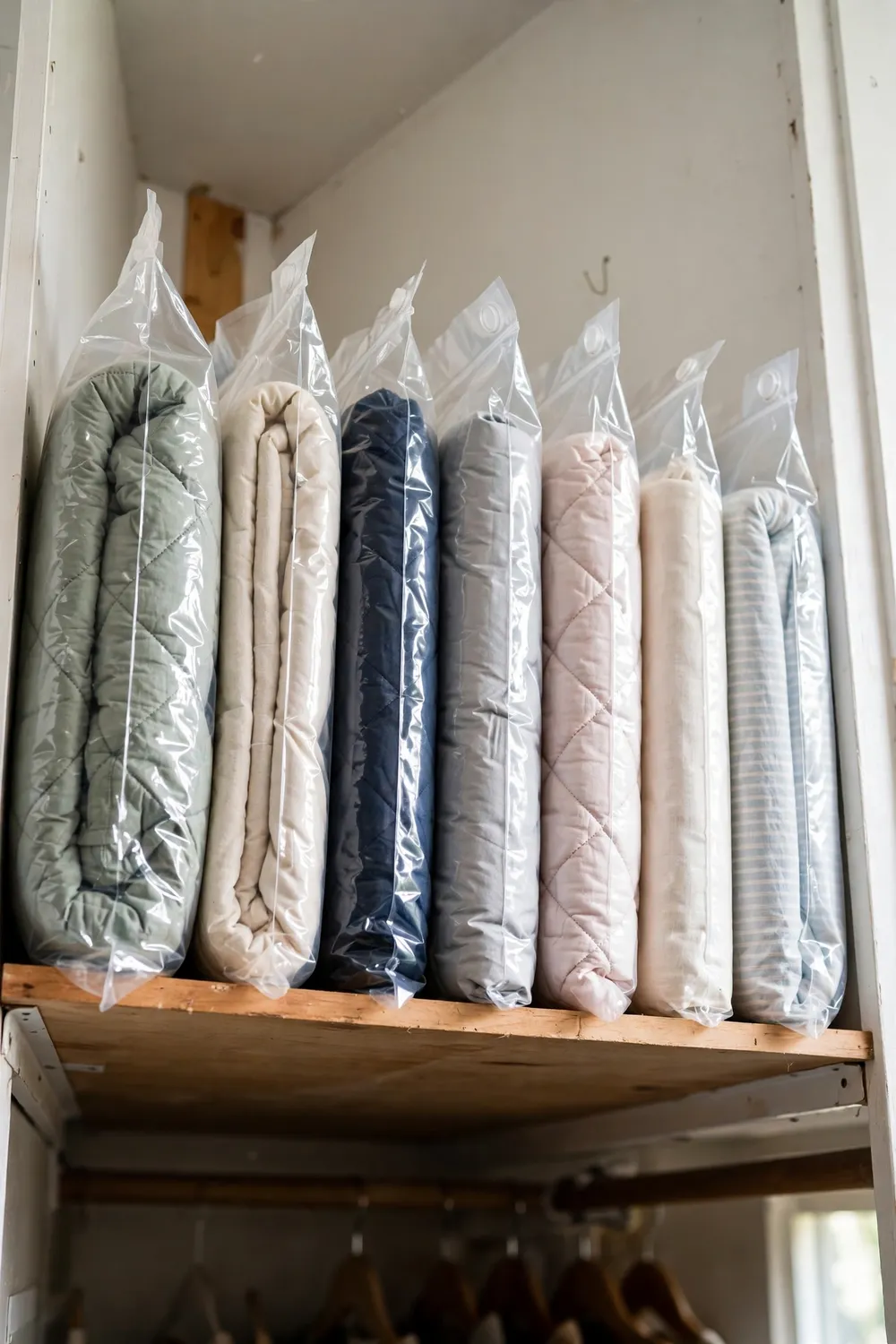 Neatly folded quilts and linens stored on high closet loft shelves