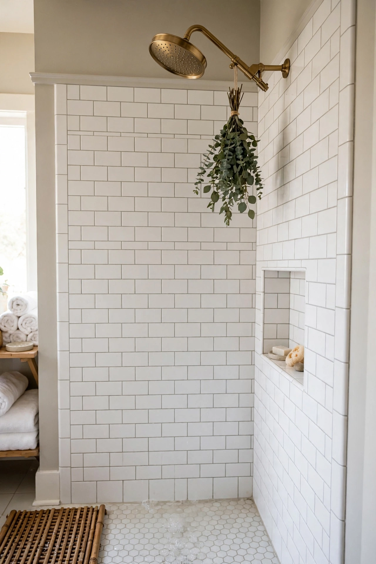 Rental bathroom with upgraded rainfall showerhead and eucalyptus bundle