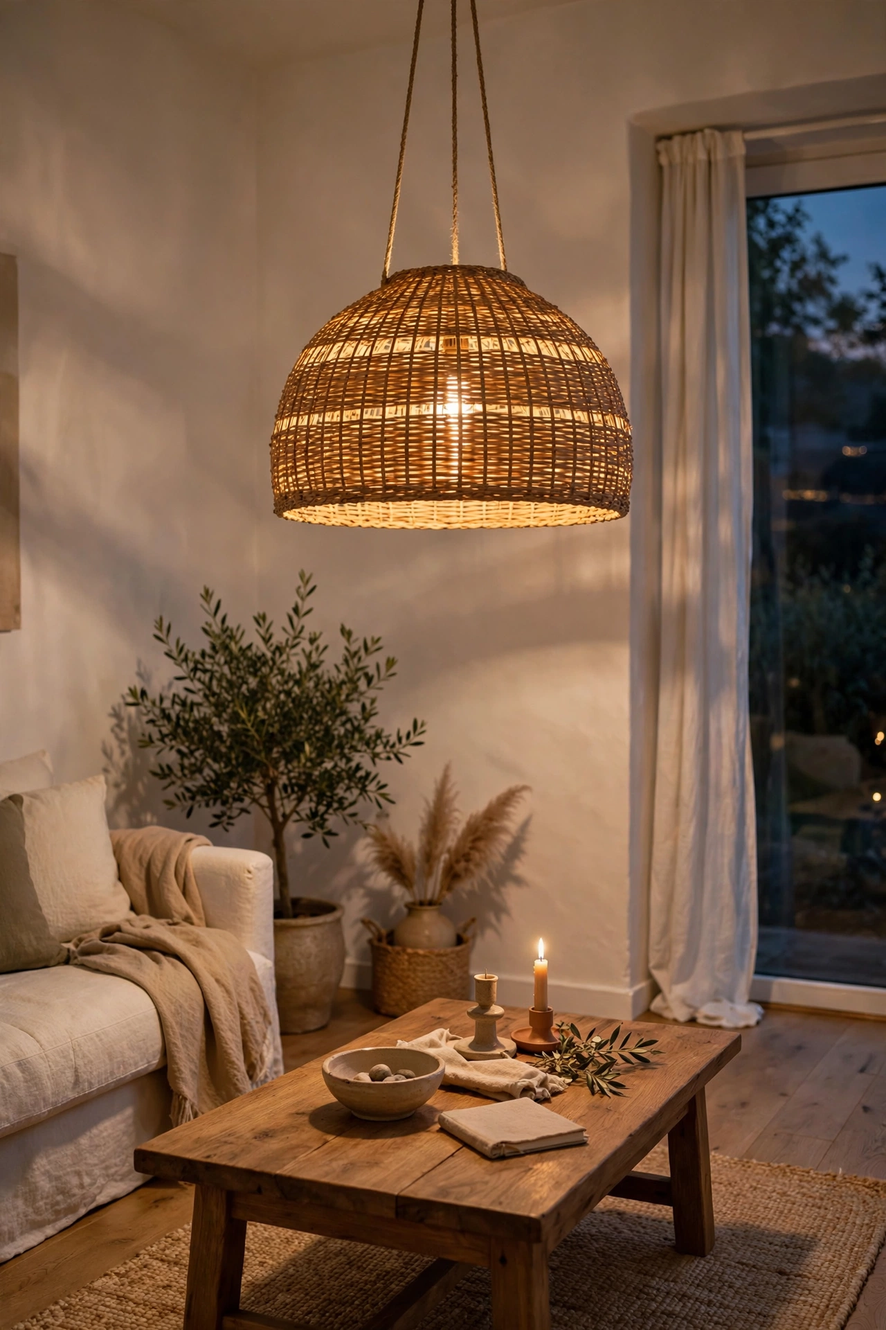 Woven rattan pendant light hanging over a coffee table in an organic modern living room