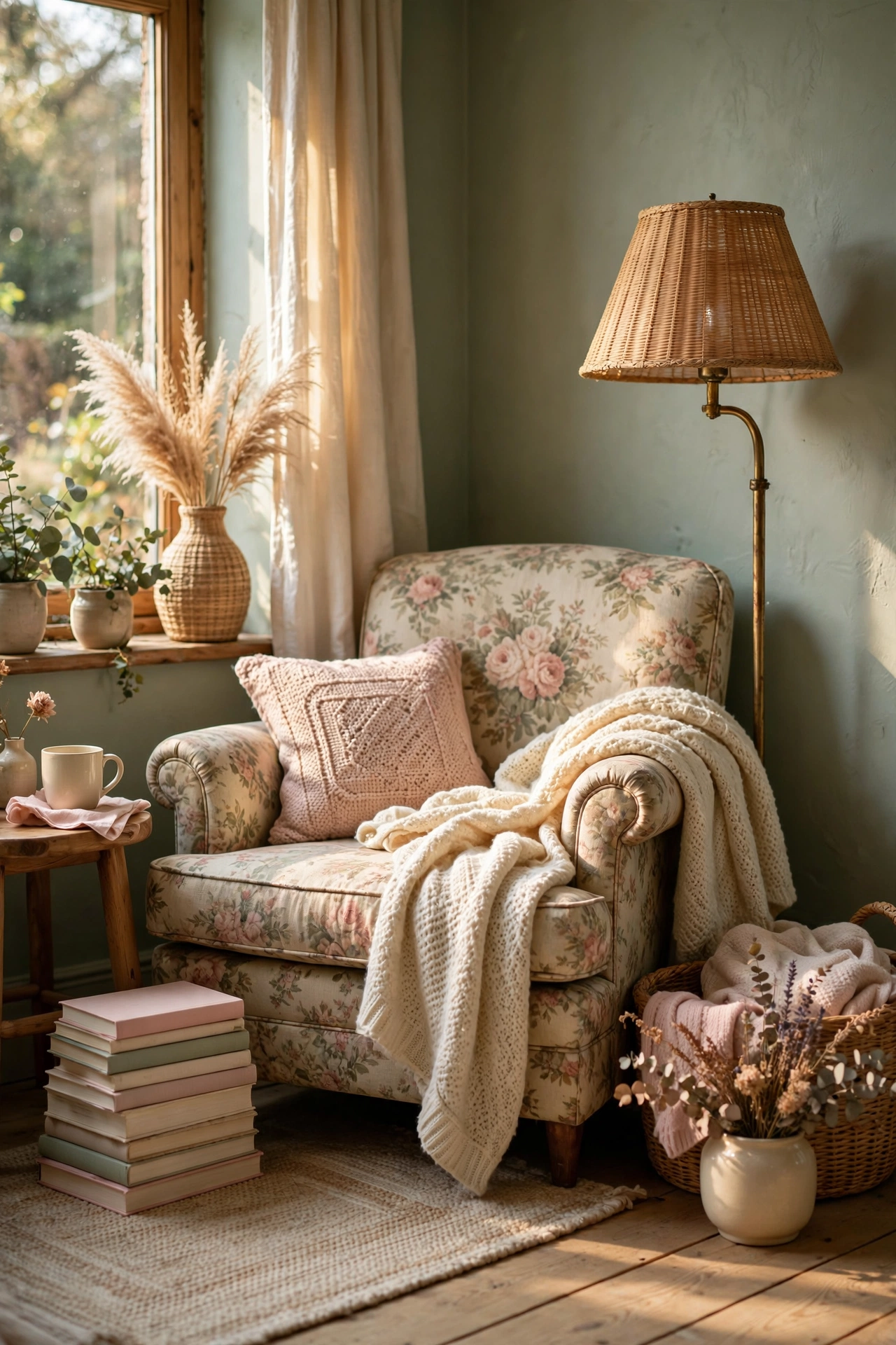 Cozy reading nook with a vintage floral armchair, floor lamp, and a stack of books
