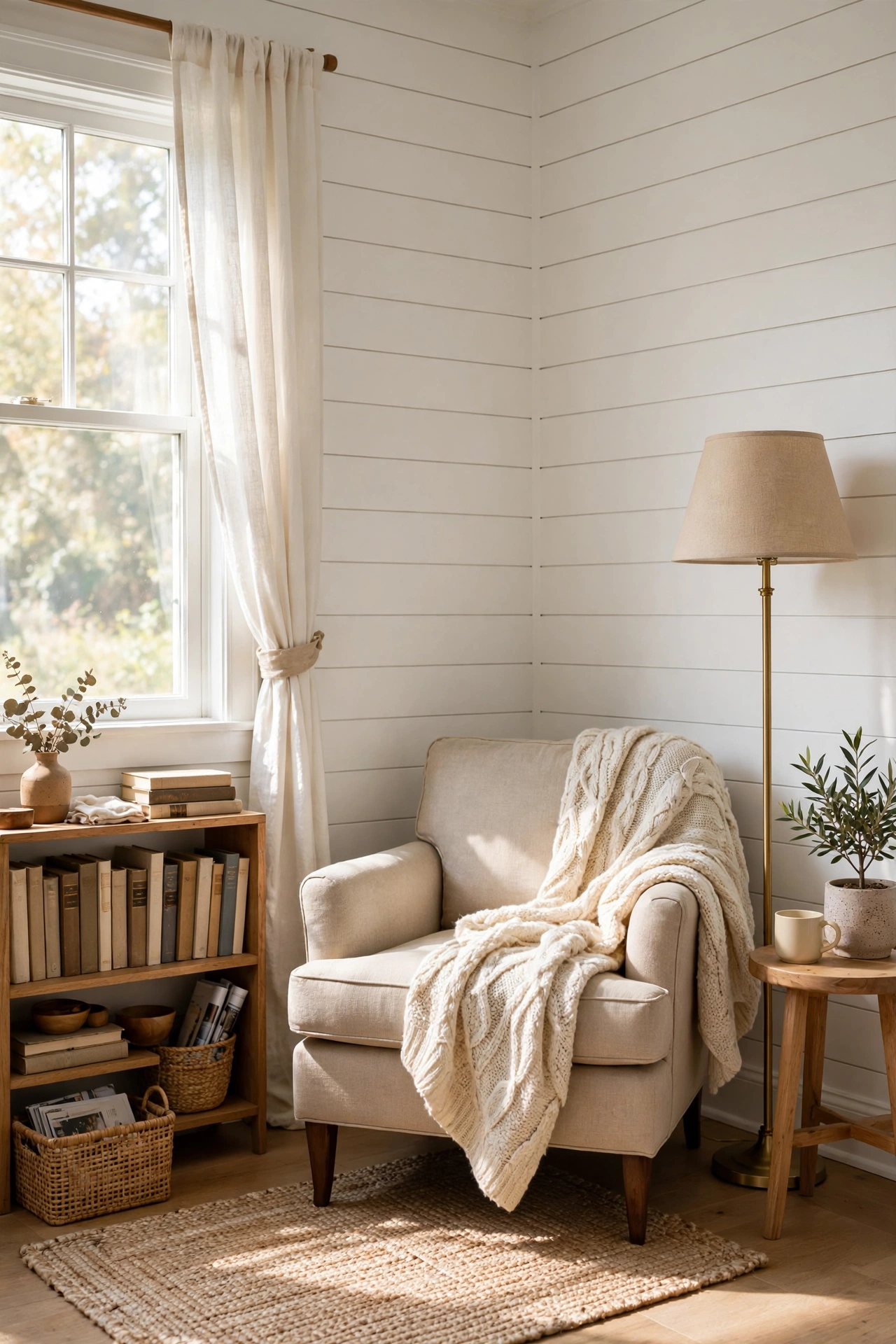 Cozy reading nook corner with white shiplap on both walls and an armchair
