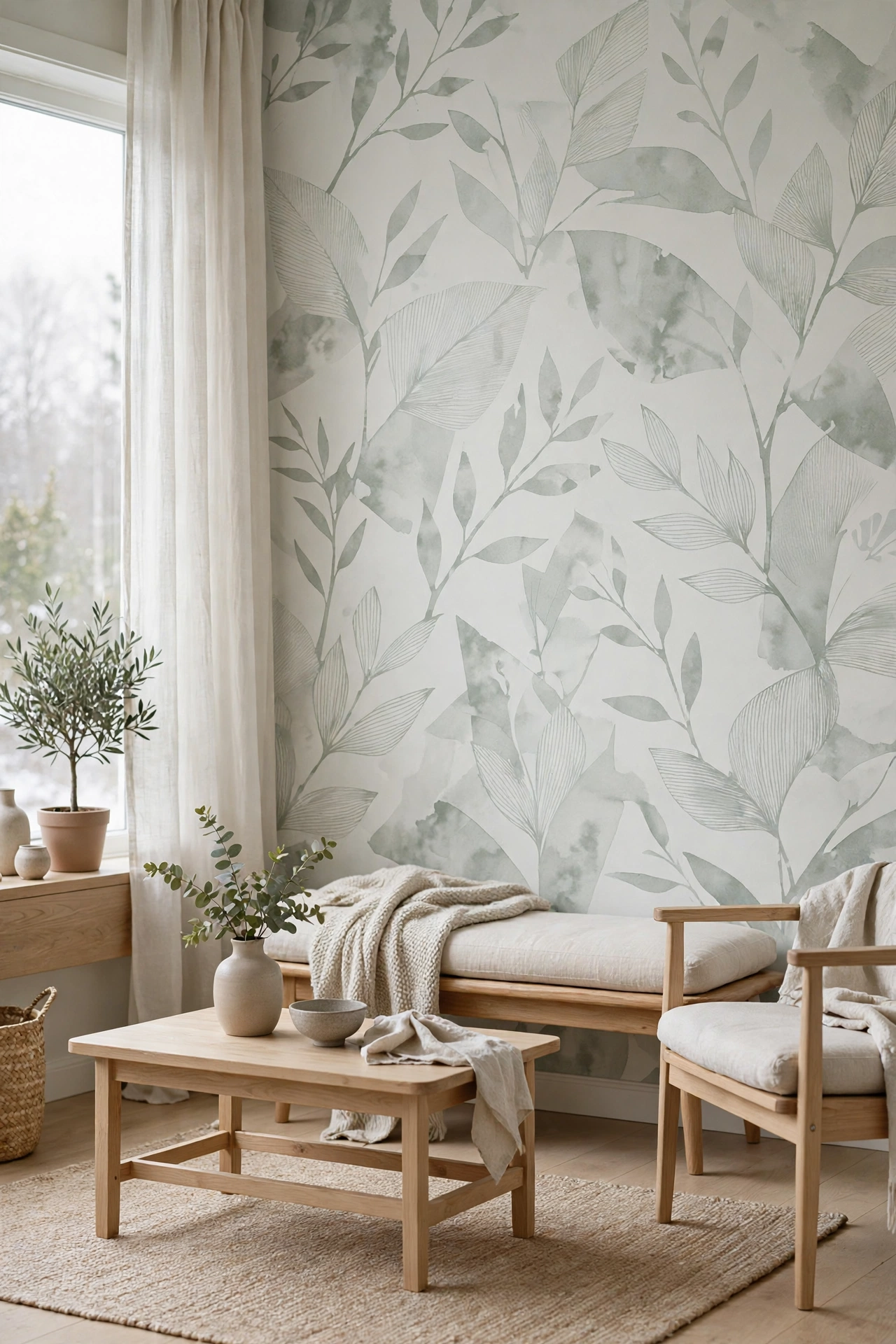 Scandinavian living room with Rebel Walls grey-green matte nature-motif peel-and-stick wallpaper