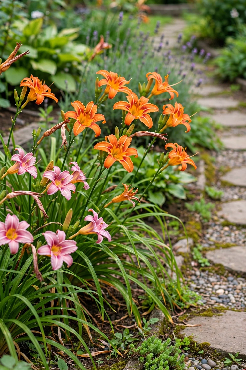 Reblooming daylily with colorful orange and pink trumpet flowers beside a garden path