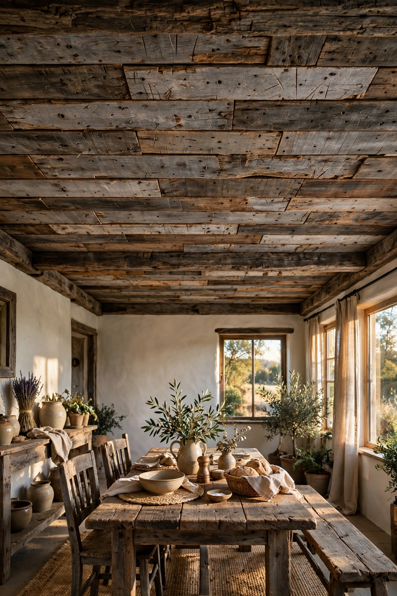 Reclaimed barn wood plank ceiling with varied gray and brown tones in a rustic dining room