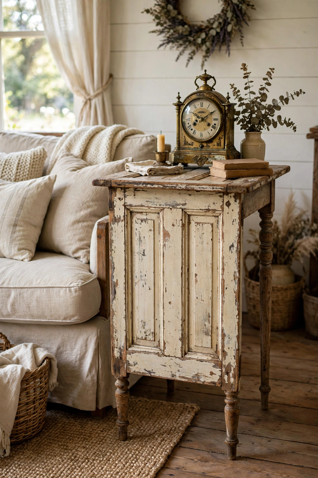 Side table built from a reclaimed vintage door panel on turned legs in a farmhouse room