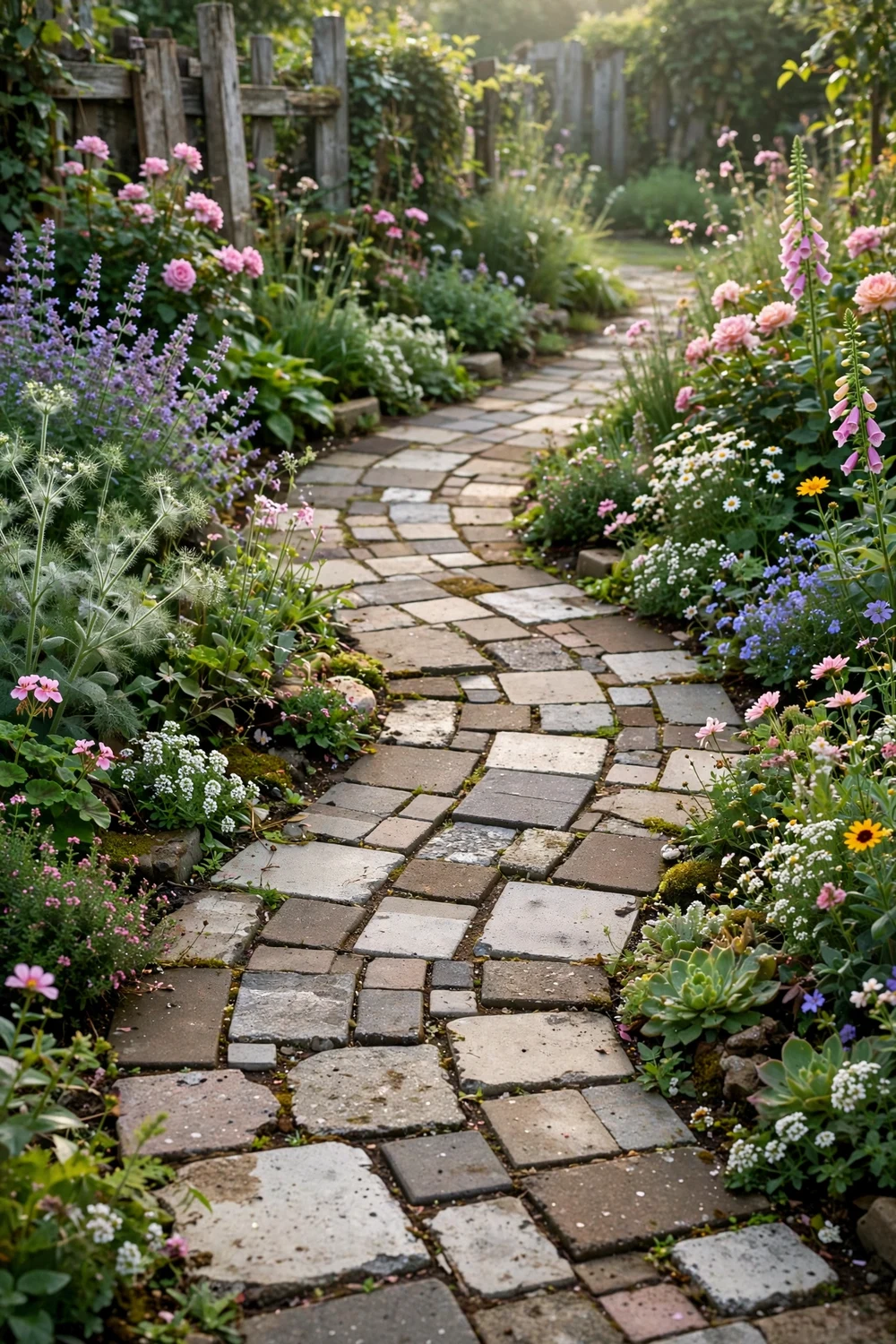 Charming garden path made of reclaimed mismatched concrete pavers through a lush front yard