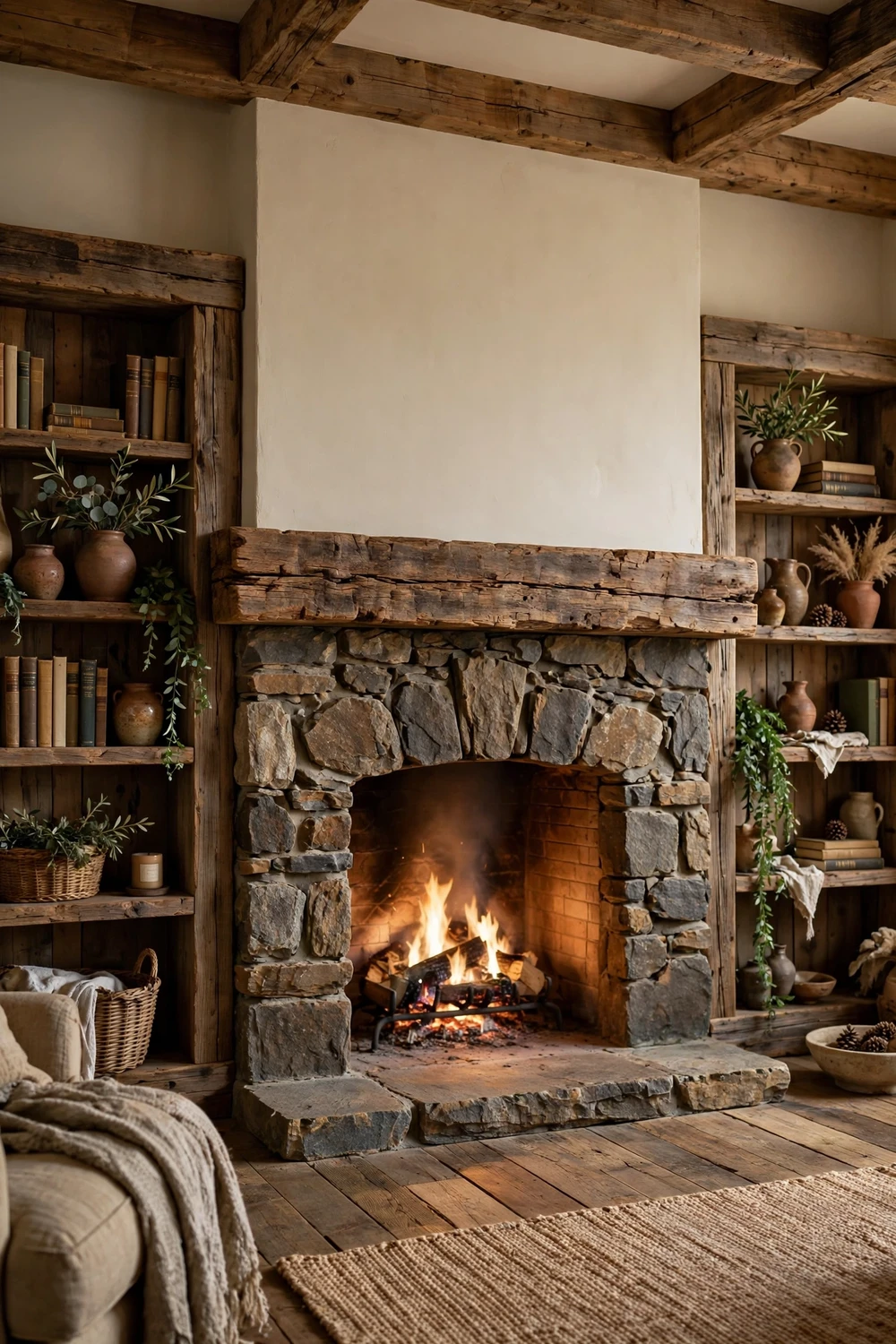 Reclaimed wood mantel with matching wooden bookshelves around a fireplace