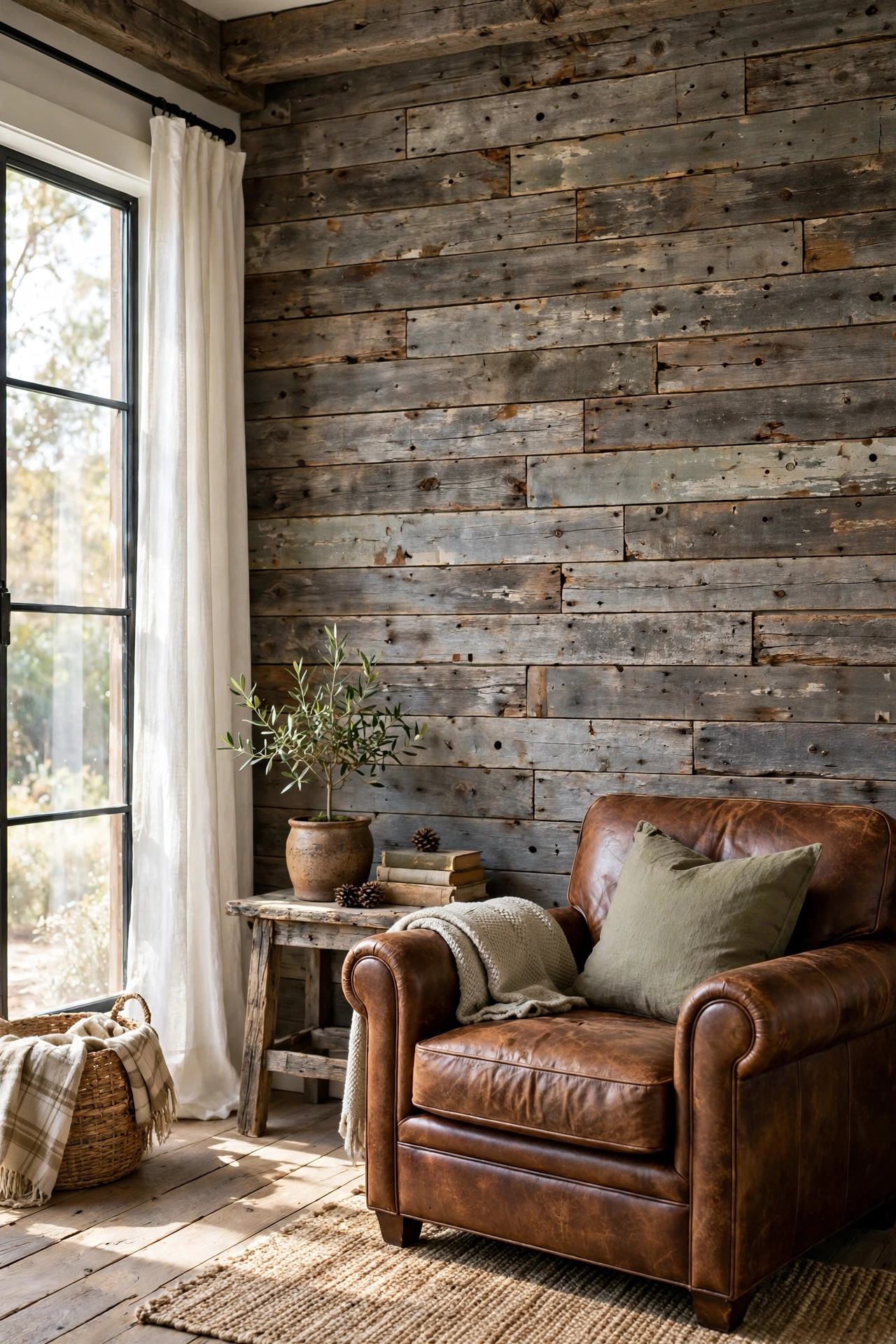 Rustic living room accent wall made of weathered reclaimed barn wood shiplap boards