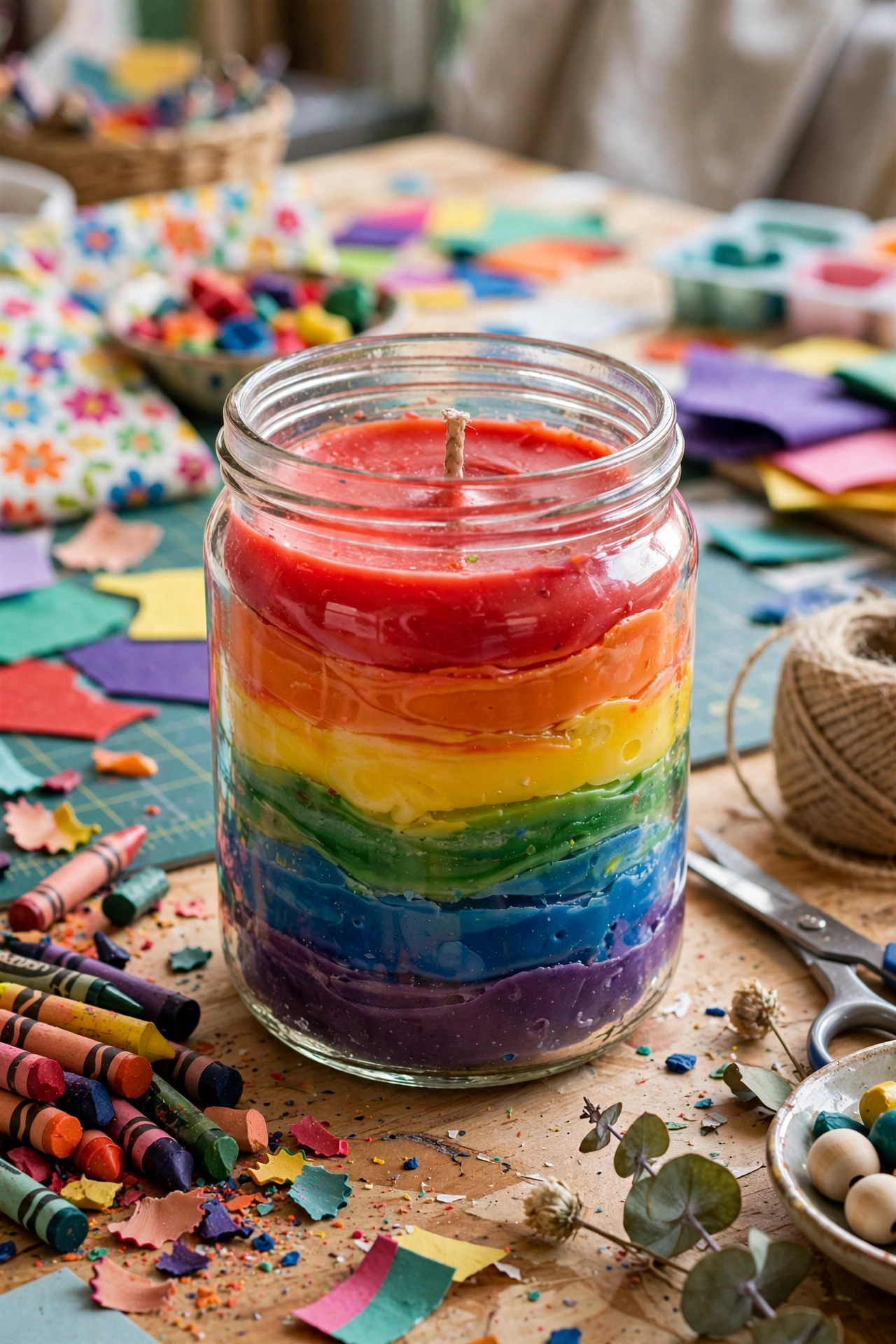 Colorful homemade candle made from recycled crayon wax in rainbow layers in a jar