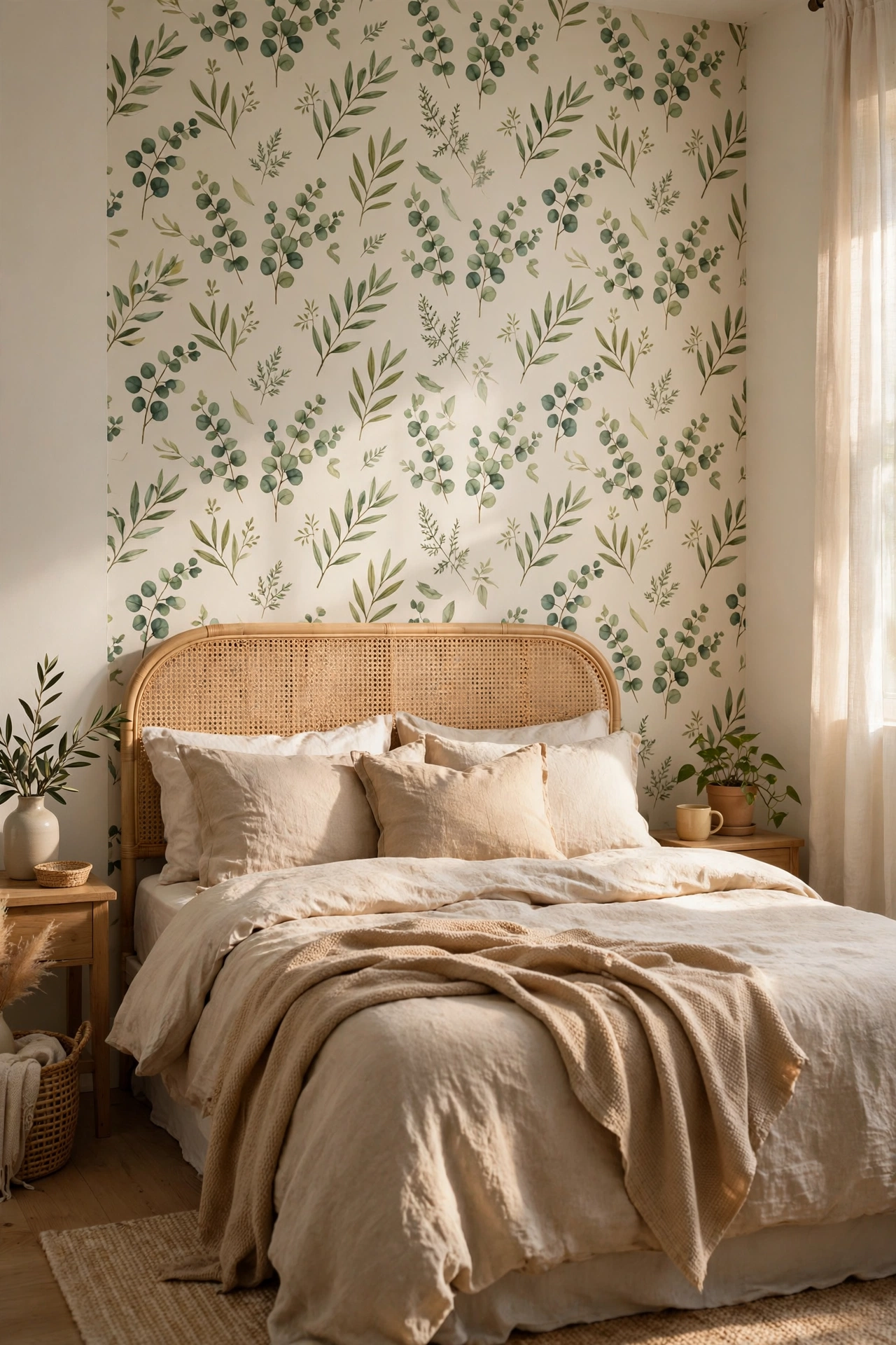 Rental bedroom accent wall with removable botanical wallpaper and rattan headboard