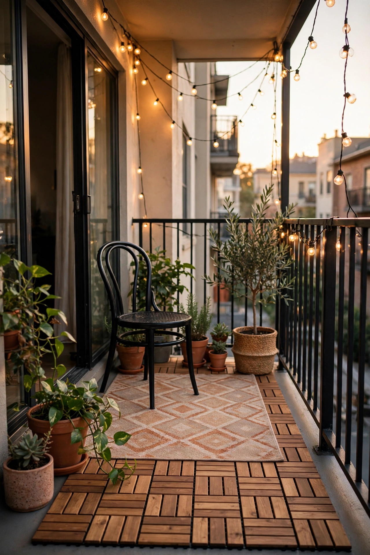 Rental apartment balcony transformed with interlocking wood deck tiles and string lights