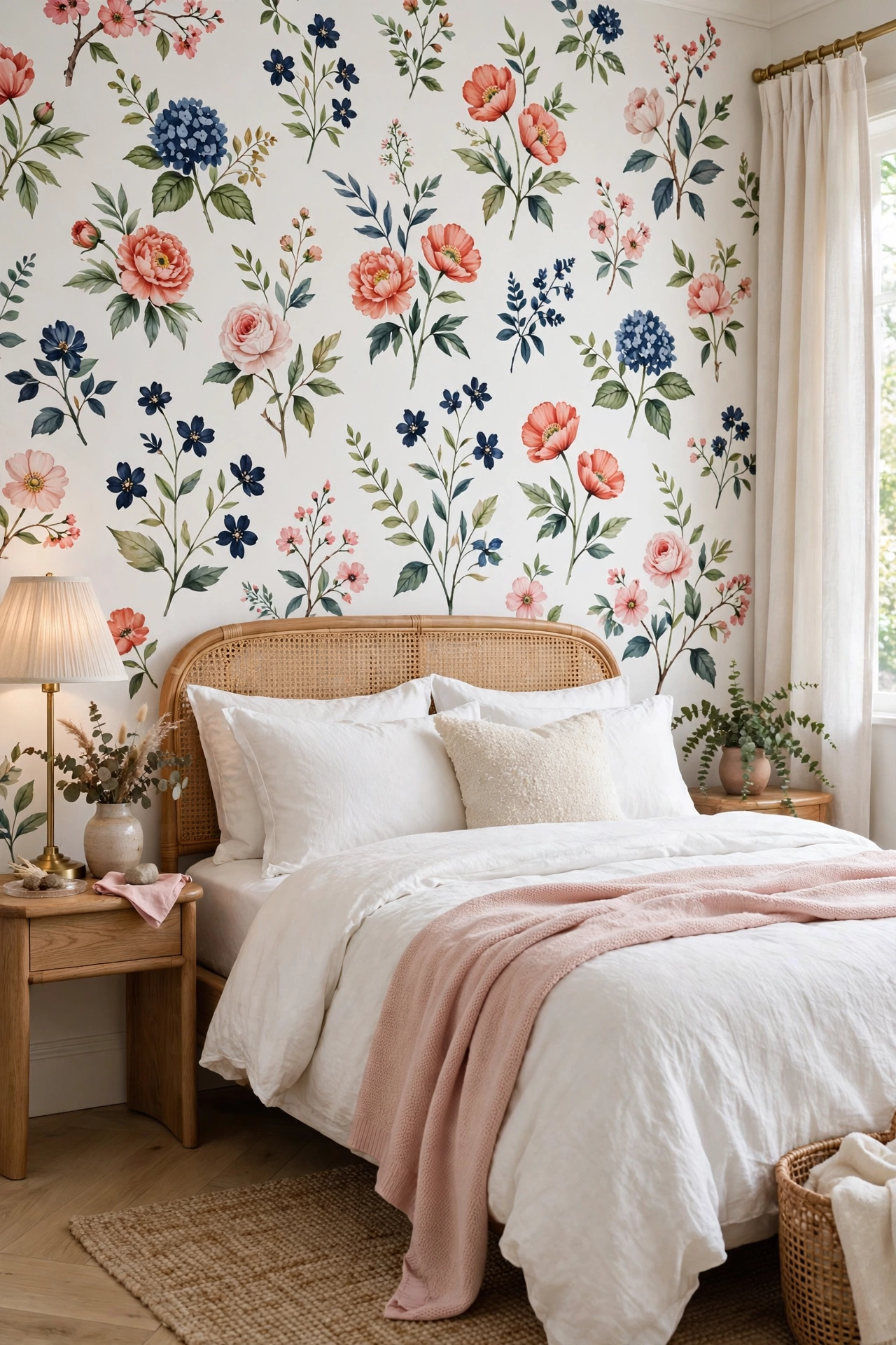 Charming bedroom with Rifle Paper Co. coral navy and blush illustrated floral peel-and-stick wallpaper
