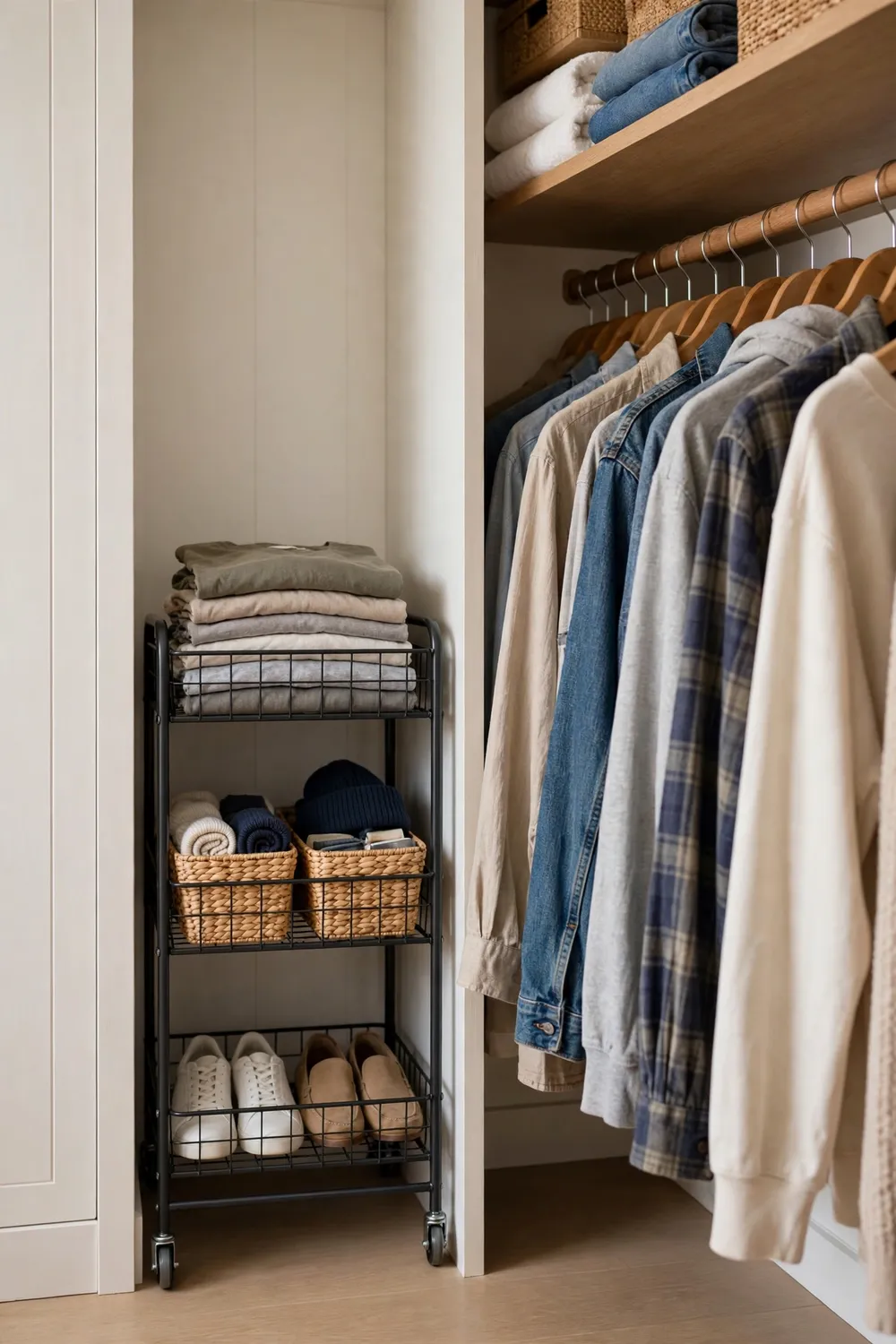 Slim rolling cart tucked beside closet shelves holding accessories